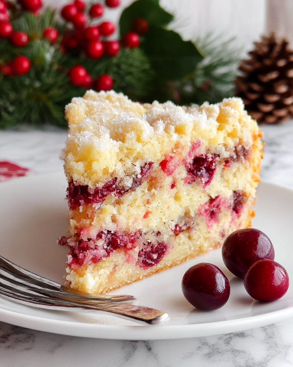 A thick slice of crumb cake is shown on a white plate, featuring three visible layers: a crumbly light yellow top layer with sugar crystals, a middle layer filled with mixed red and dark red berries embedded in a pale beige cake, and a similar crumbly base with scattered bits of fruit. A shiny silver fork lies next to the slice on the plate, with two dark red cherries placed near the plate’s edge. In the blurred background, there are red berries and green leaves along with a pine cone, all set on a white marbled surface. photo taken with an iphone --ar 4:5 --v 7