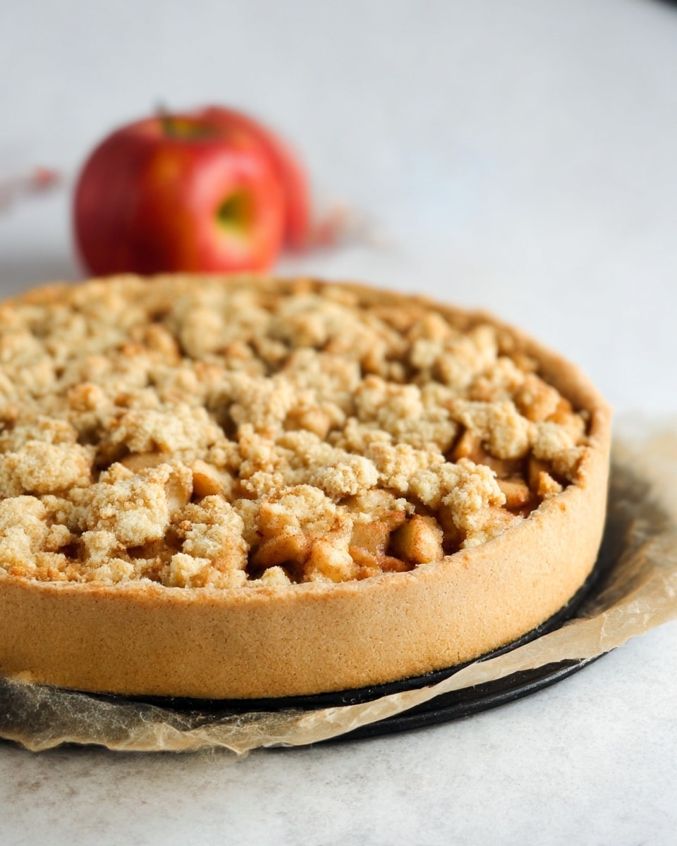 A round apple crumble pie sits on a white marbled surface, with a thick, light brown crust forming a high edge around the pie. Inside, visible pieces of baked apple chunks in golden brown color fill the space, topped with an uneven layer of crumbly streusel in a pale golden color scattered across the apples. The pie rests on crumpled parchment paper that extends beyond the dark base beneath it. In the background, two whole red apples with hints of yellow are slightly out of focus. Photo taken with an iphone --ar 4:5 --v 7