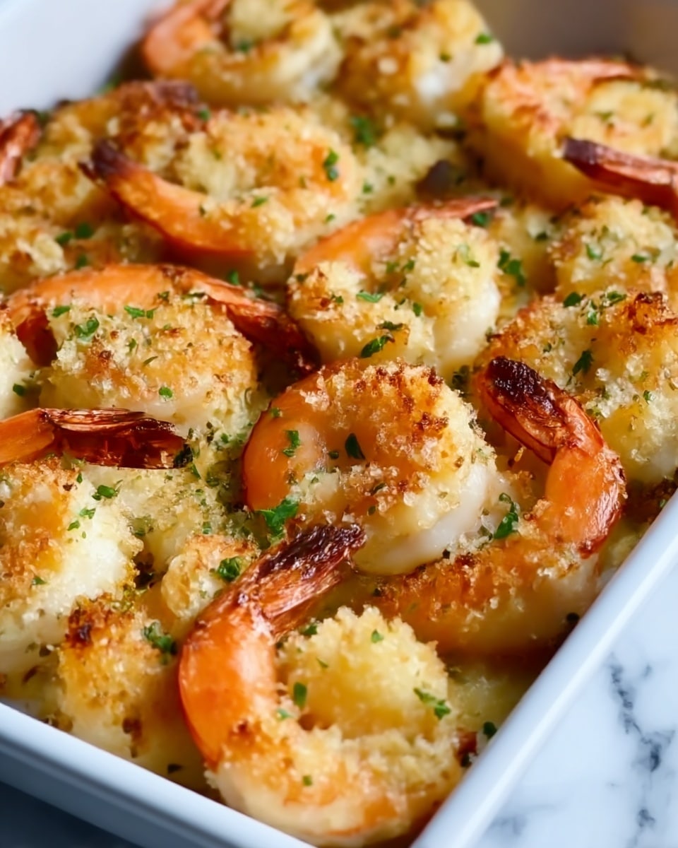 A tray filled with golden baked shrimp arranged in close layers, each shrimp having a lightly crispy, textured coating with a mix of golden brown and creamy white colors. The shrimp tails are a warm orange mixed with darker, slightly charred edges, sticking out from the coating. Small green herb bits are sprinkled over the shrimp, adding a fresh pop of color against the warm tones. The tray is white, and the surface below is a white marbled texture. photo taken with an iphone --ar 4:5 --v 7