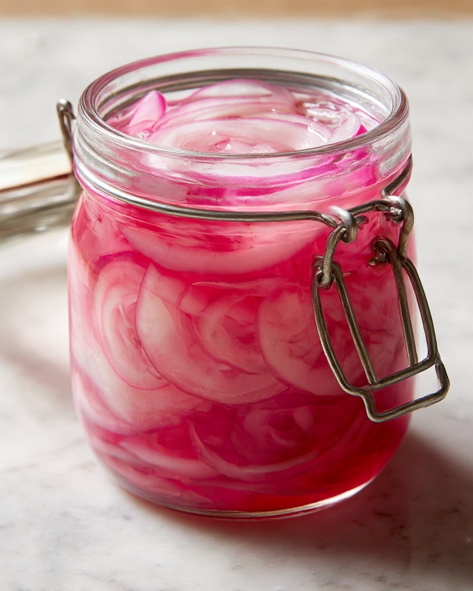 A clear glass jar filled with thinly sliced onion layers soaked in pinkish-red liquid, visible from inside the jar with tightly packed, slightly curled onion slices creating soft, translucent layers. The jar has a metal latch clasp with a hinge on the side, sitting on a white marbled surface with soft natural light illuminating the pink and white tones inside. The onions transition from a pale almost white color at the edges to a deeper pink center, showing a mix of smooth and slightly textured slices layered evenly inside the jar. Photo taken with an iphone --ar 4:5 --v 7
