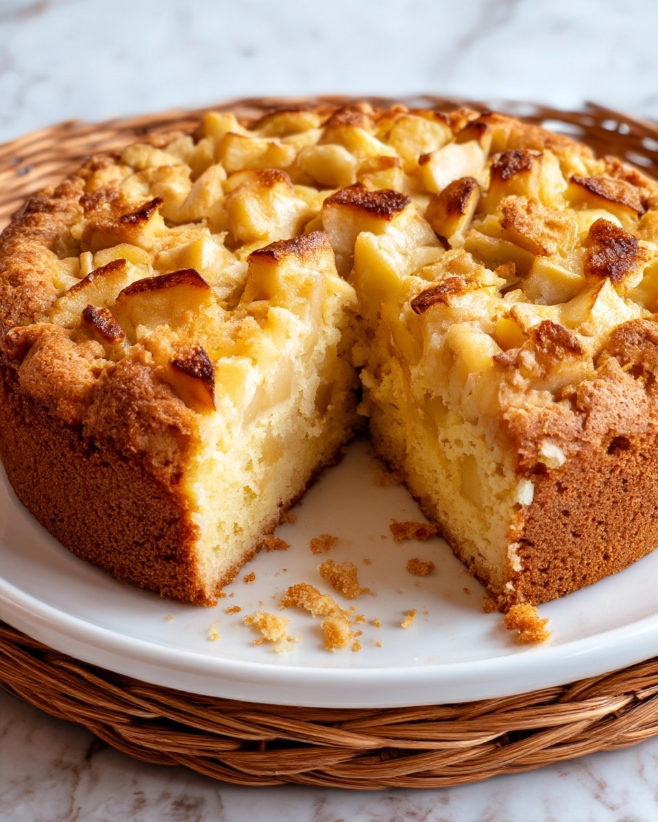 The image shows a round apple cake with two distinct layers on a white plate. The bottom layer is a thick, light brown baked cake base with a soft and crumbly texture. Above it is a thicker, pale yellow cake layer mixed with slightly browned, baked apple chunks that are golden with some darker toasted edges, giving a juicy and textured look. A slice has been cut out, revealing the inside layers and crumbs scattered on the white plate. The cake and plate sit on a woven brown basket tray over a white marbled surface. Photo taken with an iphone --ar 4:5 --v 7