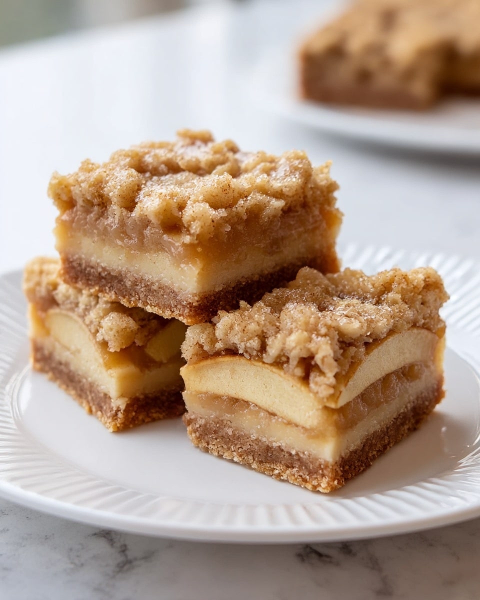 Three square pieces of a dessert sit on a white plate with ridged edges, placed on a white marbled surface. Each piece has three main layers: the bottom layer is a dense, light brown, crumbly crust; the middle layer is a smooth, pale beige filling with visible thin slices of light brown cooked apple and a slight cinnamon tint; the top layer is a thick, rough, golden-brown oat crumble with a shiny, moist appearance, speckled with cinnamon and sugar. The pieces are close together, showing the layered texture and the gooey softness inside. Photo taken with an iphone --ar 4:5 --v 7