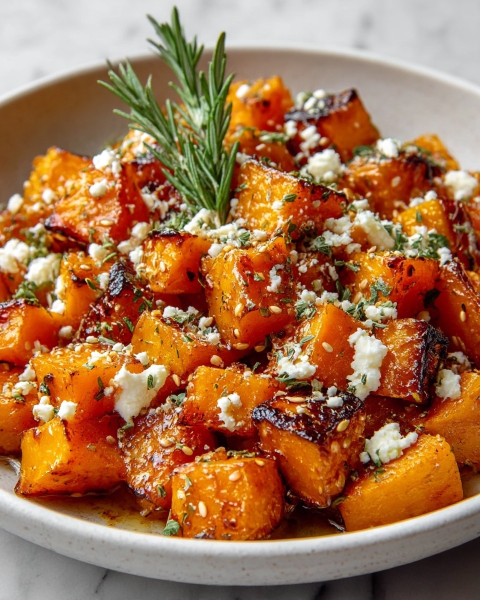 A close-up view of a white bowl filled with roasted orange butternut squash cubes, each piece showing a caramelized, slightly charred texture on the edges. The squash is sprinkled with crumbly white cheese and finely chopped green herbs, alongside some sesame seeds and small bits of seasoning. Fresh sprigs of green rosemary rest on top, adding a natural contrast. The bowl sits on a white marbled surface, enhancing the dish's warm and fresh colors. Photo taken with an iphone --ar 4:5 --v 7