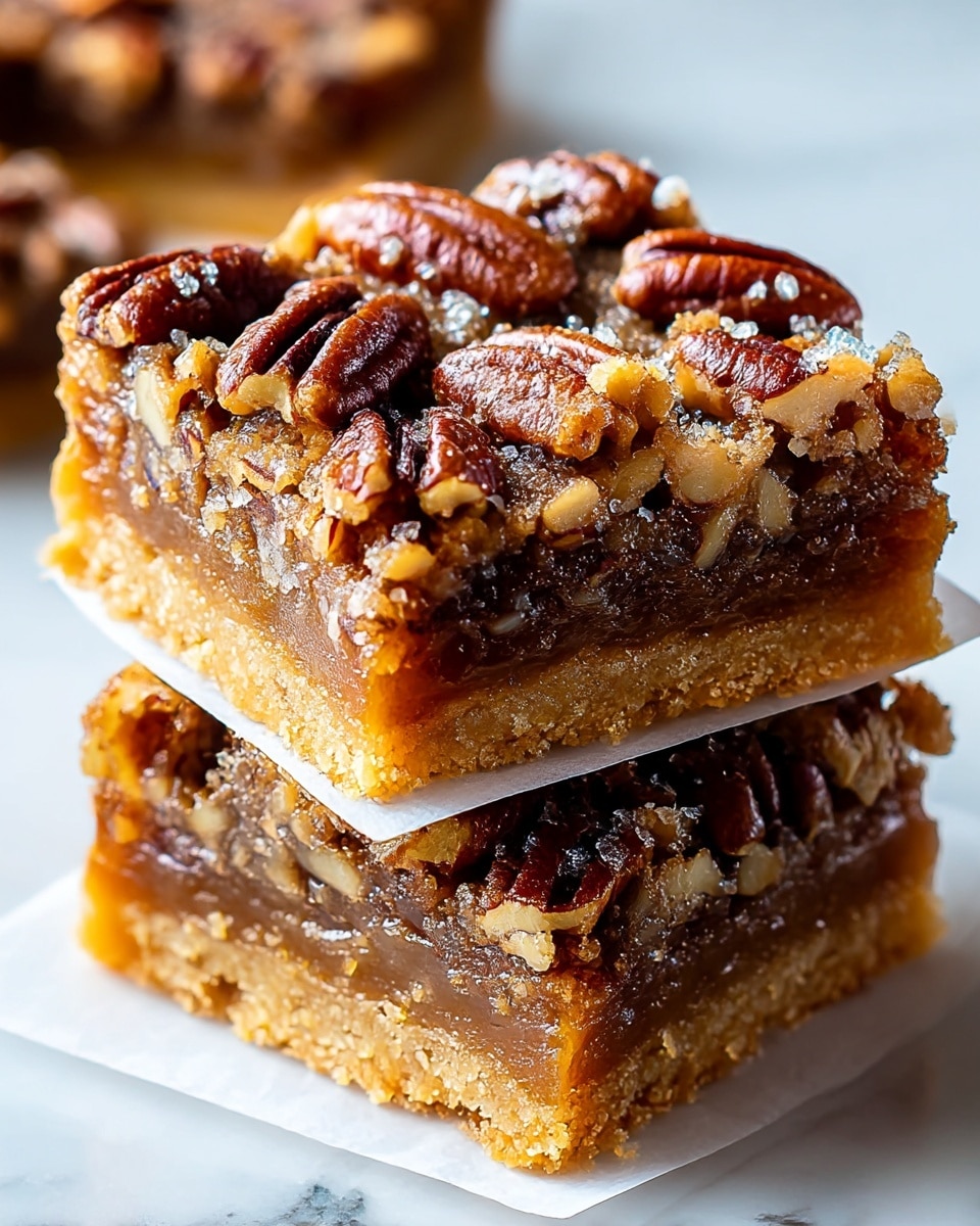 The image shows two stacked pecan bars with a crumbly, golden-brown crust as the bottom layer. On top of the crust is a thick, sticky caramel layer with a rich, deep amber color. The top layer is a dense mix of whole pecans and chopped nuts embedded in a glossy, brown filling that looks gooey and nutty. The pecans are dark brown with a shiny texture, and the surface has a slightly cracked, crispy appearance. The bars sit on white parchment paper, all placed on a white marbled surface. Photo taken with an iphone --ar 4:5 --v 7