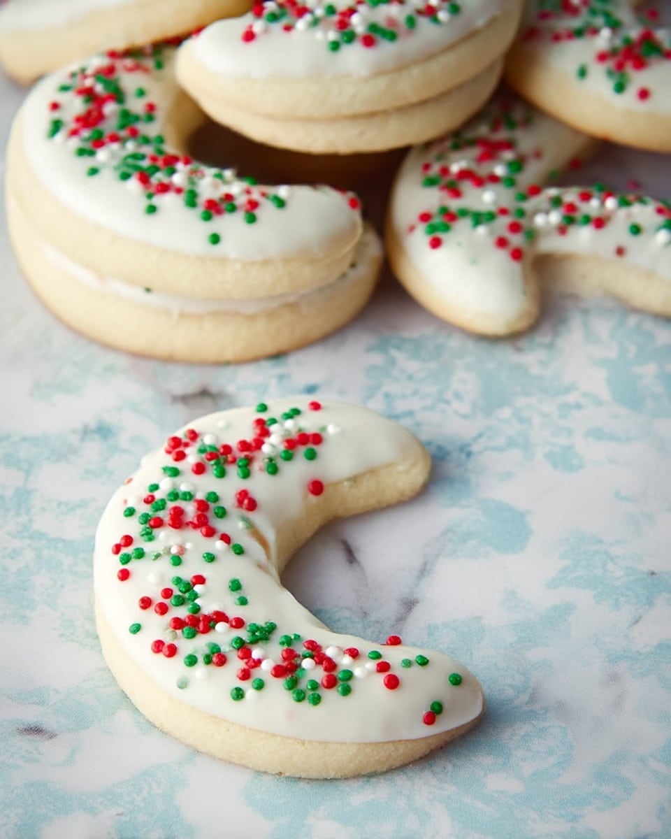 A group of crescent-shaped cookies are shown on a white marbled surface with a soft blue pattern. Each cookie has a smooth, light beige base layer with a thick, white icing layer covering the top. On top of the icing, there are small red, green, and white round sprinkles scattered evenly across the surface, creating a festive look. The cookies are stacked loosely with one cookie in the foreground lying flat and clearly visible. Photo taken with an iphone --ar 4:5 --v 7