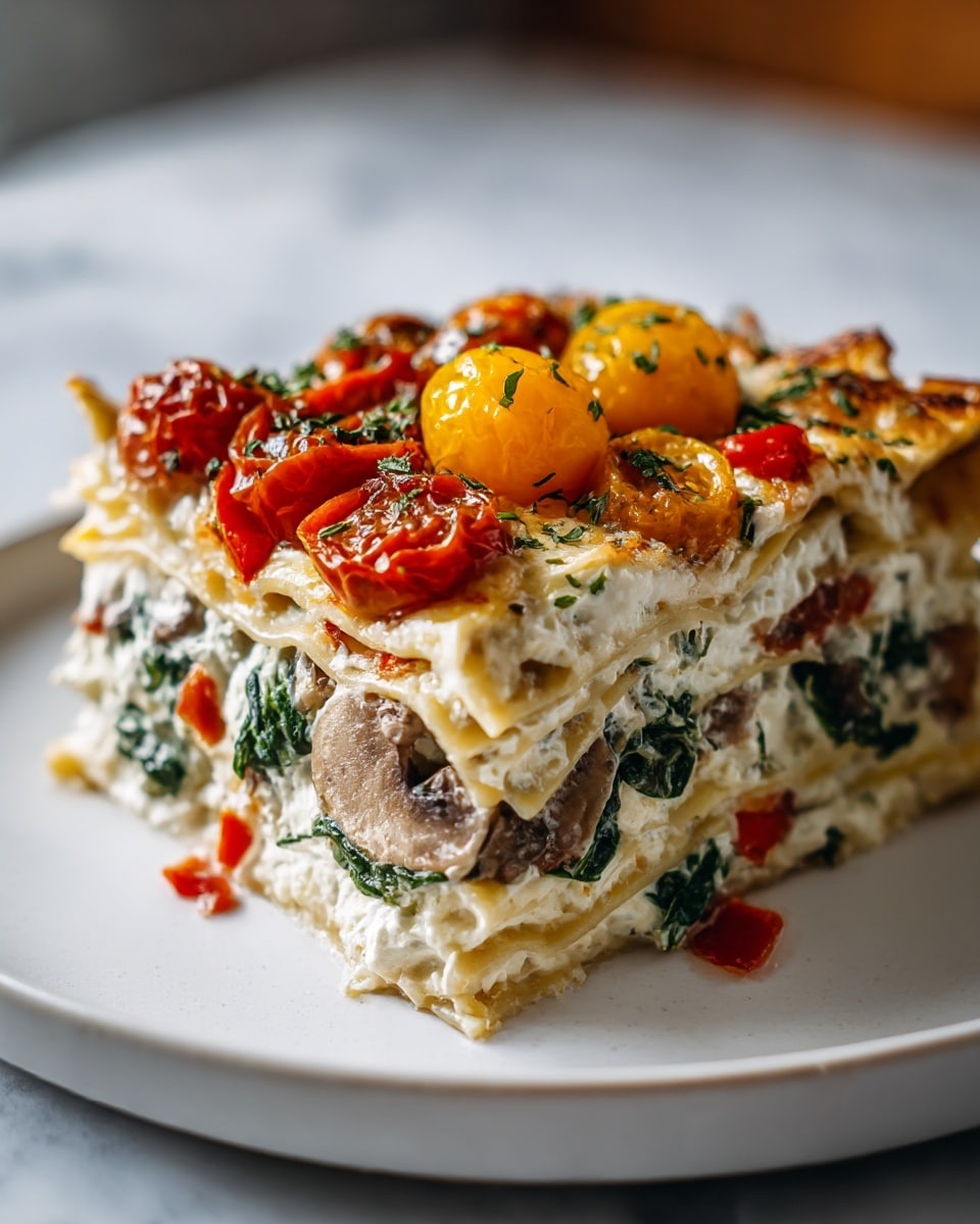 A thick slice of lasagna is shown on a white plate with a white marbled background. The dish has around five layers of flat, light golden pasta sheets. Between each layer, there is a creamy white ricotta cheese mixture spread generously, mixed with cooked green spinach leaves and sliced brown mushrooms. There are small pieces of red bell pepper scattered in the filling. The top layer is covered with roasted cherry tomatoes in red and yellow, slightly blistered, and sprinkled with finely chopped herbs. The edges of the pasta are golden and slightly crisp. Photo taken with an iphone --ar 4:5 --v 7