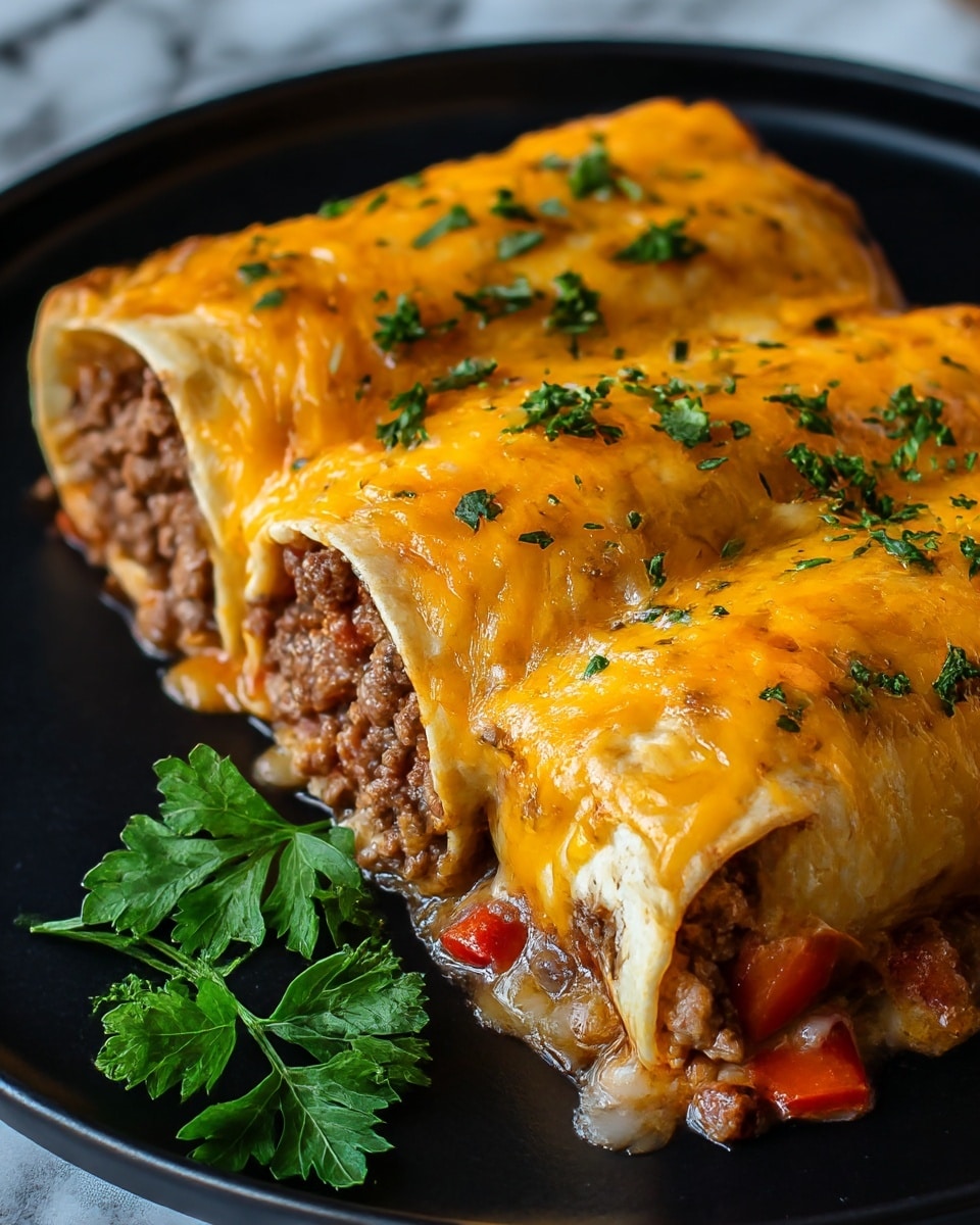 The image shows two rolled burritos on a black plate with garnished fresh green herbs on top. Each burrito has three visible layers: the inside layer consists of browned ground beef mixed with melted cheese and pieces of red tomato, the middle layer is gooey yellow melted cheese covering the burritos, and the outer layer is a soft, slightly browned tortilla. The burritos look juicy with melted cheese dripping slightly on the edges. The plate sits on a white marbled textured surface. photo taken with an iphone --ar 4:5 --v 7