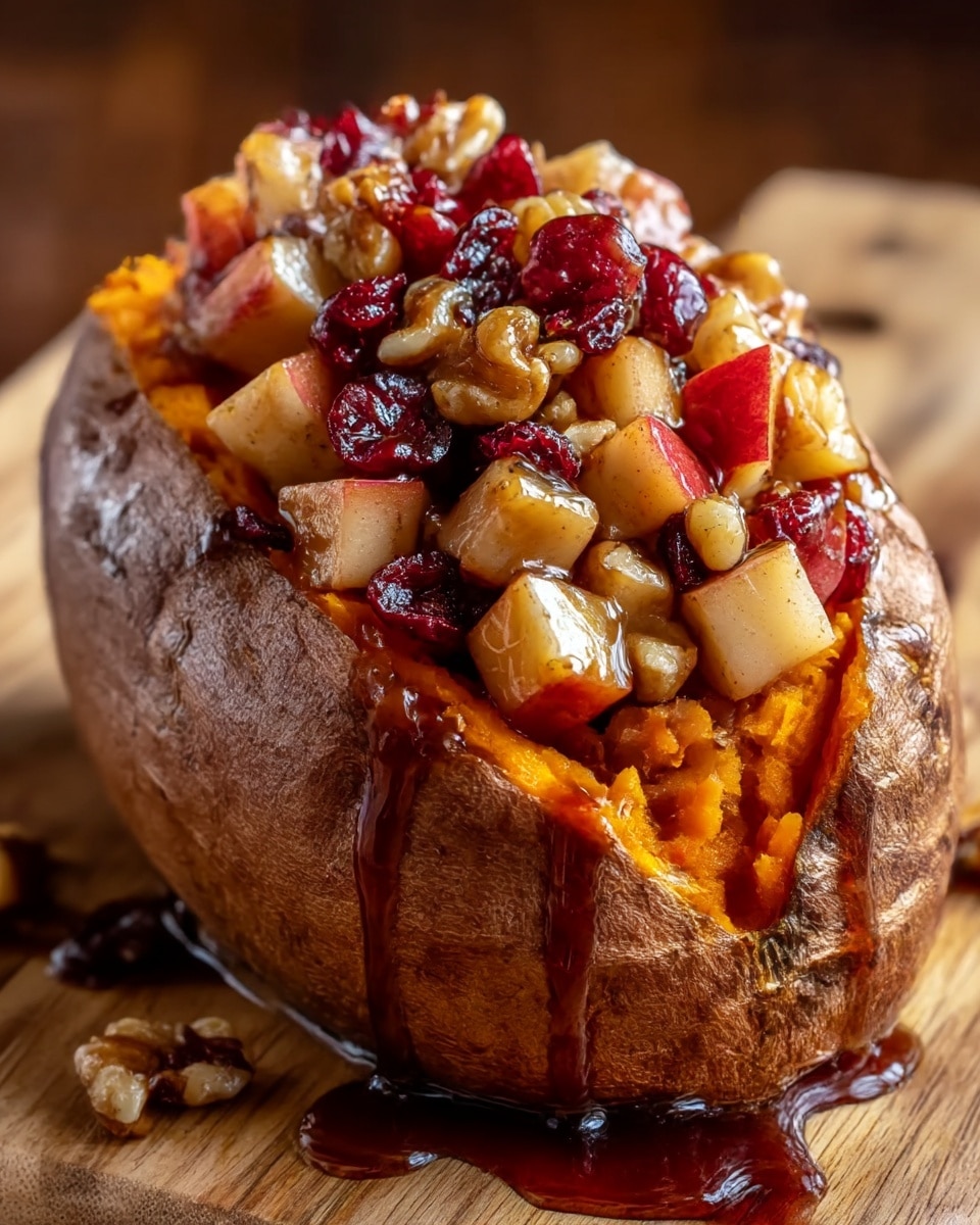 A baked sweet potato with a rough brown skin is split open and filled with a chunky mixture of diced apples, walnuts, and cranberries, all coated in a glossy, dark syrup that drips down the sides onto a wooden cutting board. The filling sits in a thick, orange, soft layer of sweet potato inside the skin, and the cubes of apple in red and pale yellow contrast with the shiny, textured nuts and deep red cranberries on top. photo taken with an iphone --ar 4:5 --v 7