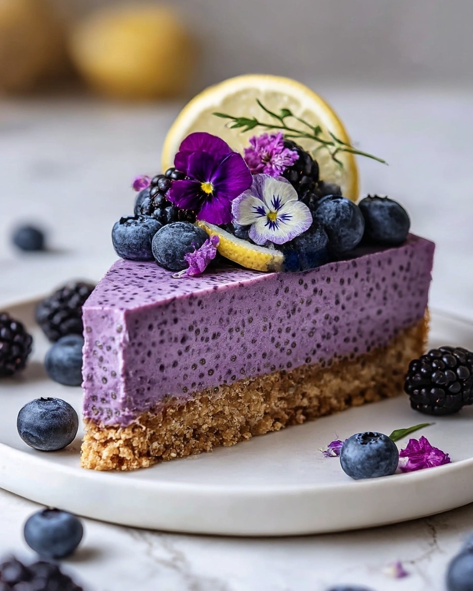 A slice of purple chia seed cheesecake with two visible layers sits on a white plate with a white marbled texture background. The bottom layer is a crumbly golden brown crust, topped by a thick, smooth purple cheesecake layer speckled with chia seeds. On top, there are fresh blueberries, blackberries, small purple edible flowers, and a thin lemon slice with a small green herb sprig. Around the plate, scattered blueberries, blackberries, and purple flowers add to the decoration. Photo taken with an iphone --ar 4:5 --v 7