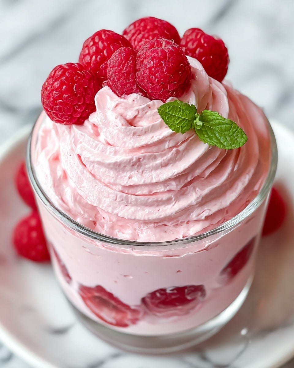 This dessert has three main layers inside a clear glass cup. The bottom layer is smooth light pink cream with whole raspberries pressed against the glass. The middle layer is a thick and lighter pink whipped cream, swirled thickly and piled high above the rim of the cup. On top, there are several bright red raspberries arranged in a small pile, with a small green mint leaf placed in the center for color contrast. The cup sits on a white plate with a white marbled texture below. photo taken with an iphone --ar 4:5 --v 7