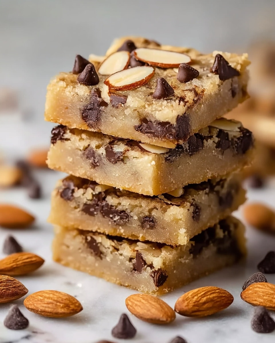The image shows a stack of four square blondie bars with a light golden-brown base loaded with melted chocolate chips and topped with sliced almonds. Each layer has a slightly crumbly texture with visible spots of melted dark chocolate throughout. The top layer showcases a mix of chocolate chips and thin almond slices spread evenly, adding texture and color contrast. Around the base of the stack, there are scattered whole almonds and chocolate chips on a white marbled surface. The focus is close-up, making the textures and ingredients very detailed. photo taken with an iphone --ar 4:5 --v 7