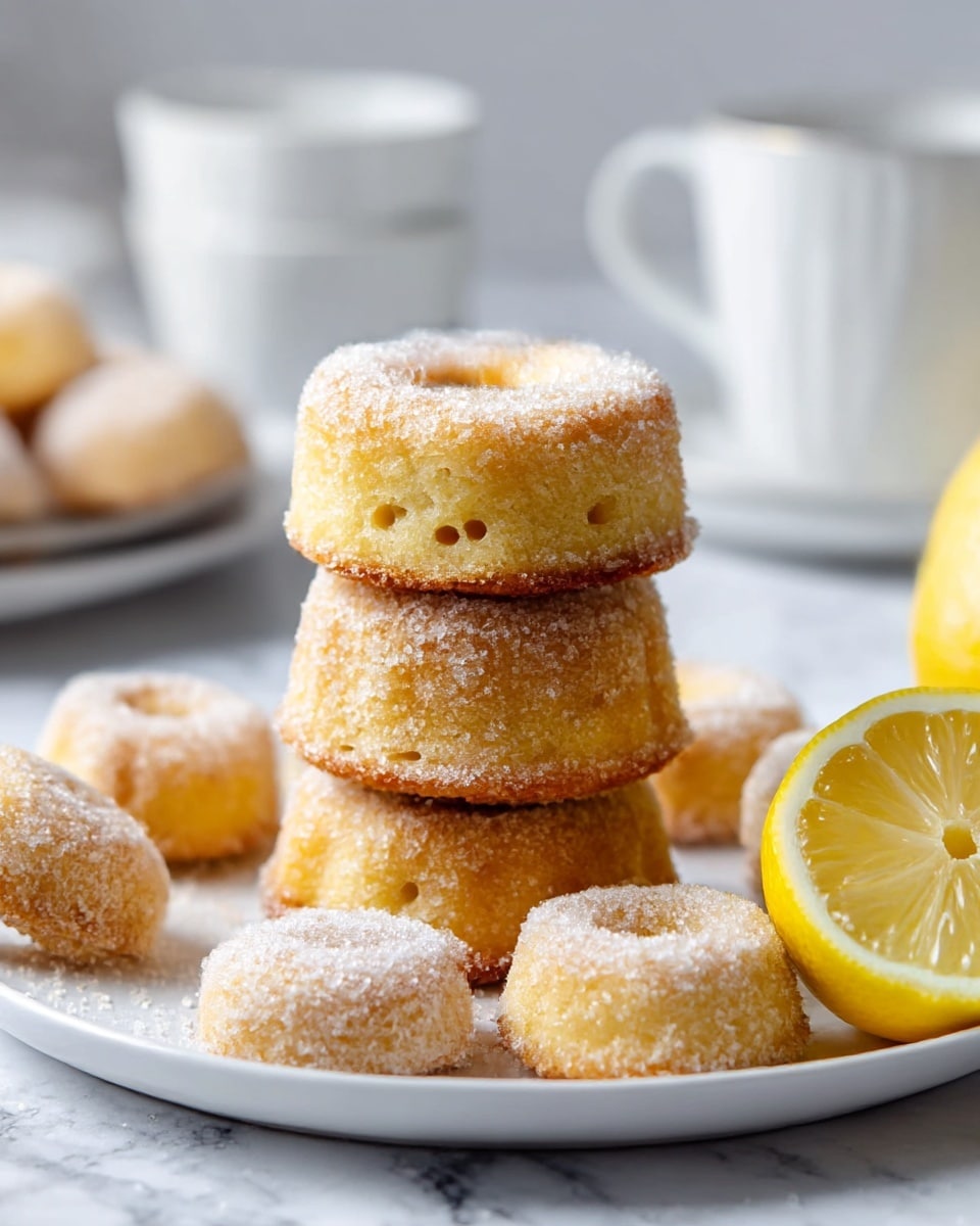 A stack of three golden brown mini bundt cakes covered in a light dusting of sugar sit at the center of a white plate, surrounded by smaller sugar-coated bite-sized cakes and a fresh lemon half with a bright yellow rind and juicy interior on the right side of the plate. The cakes have a soft texture with small airy holes visible, and the sugar gives a slightly frosted look. In the background, there are blurred white cups and plates on a white marbled surface, creating a clean and simple setting. photo taken with an iphone --ar 4:5 --v 7