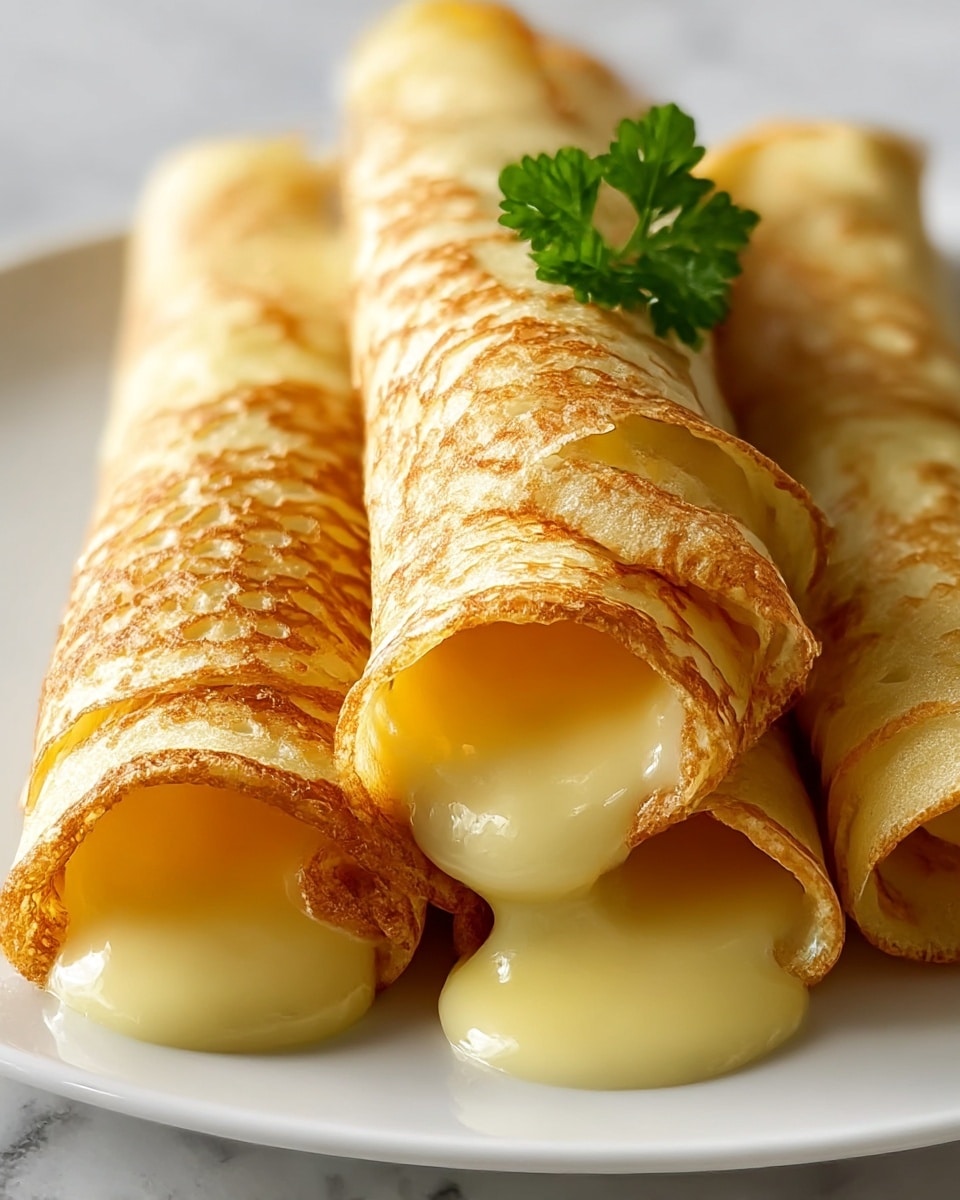 The image shows three rolled crepes placed close together on a white plate, each filled with a creamy, smooth yellow custard that is slightly spilling out at the ends. The crepes are thin, with a golden-brown lacy pattern on their surface, and their edges are slightly crispy. On top of the middle crepe, there is a small green parsley leaf used as decoration. The plate is on a white marbled surface, with soft lighting highlighting the warm tones and textures of the crepes and custard. photo taken with an iphone --ar 4:5 --v 7