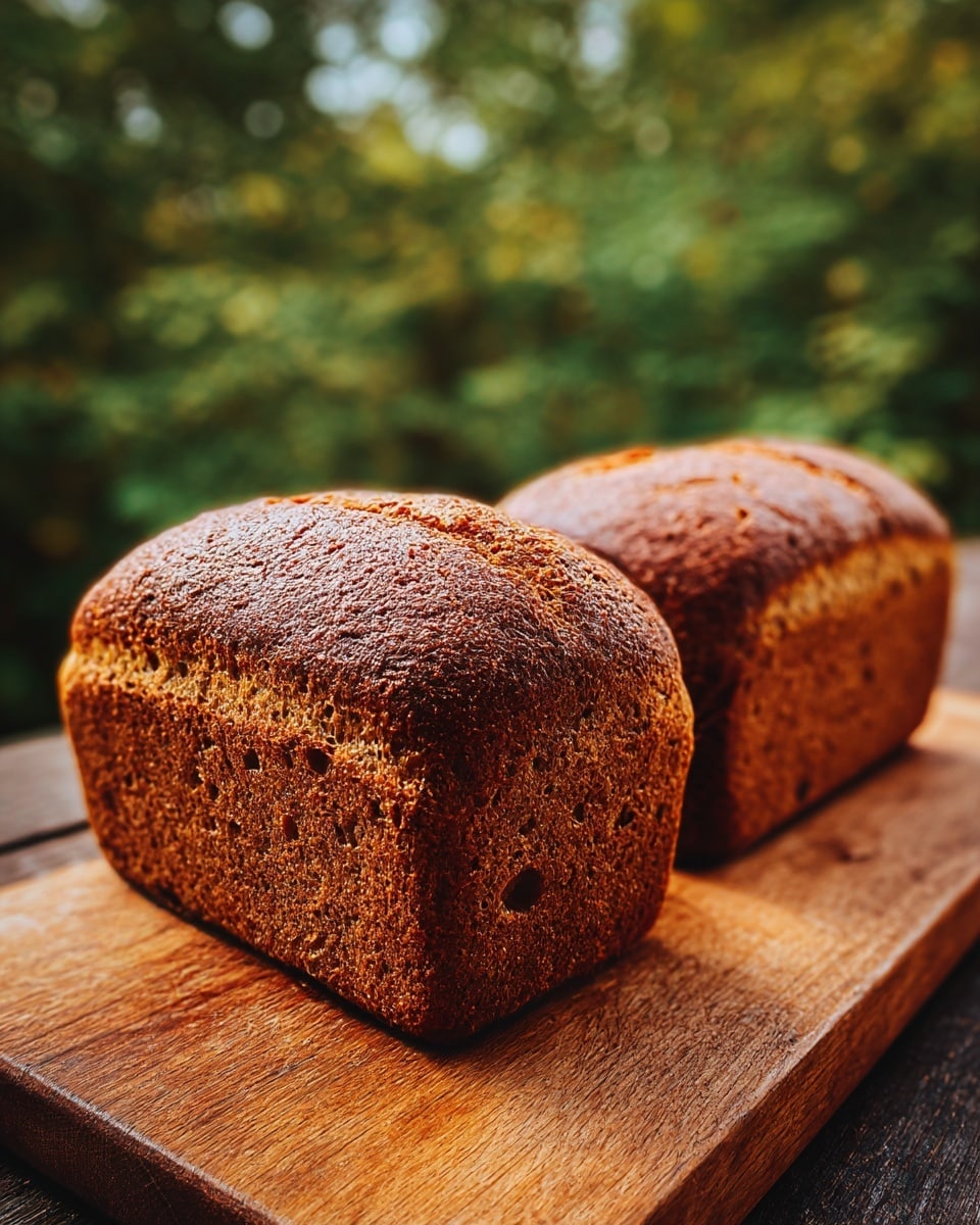 Two whole loaves of brown bread sit on a wooden board outside with blurred green trees in the background. The bread has a rough, textured crust that is darker brown on top and lighter brown on the sides. The bread looks dense and moist with small holes visible inside the cut ends. Photo taken with an iphone --ar 4:5 --v 7