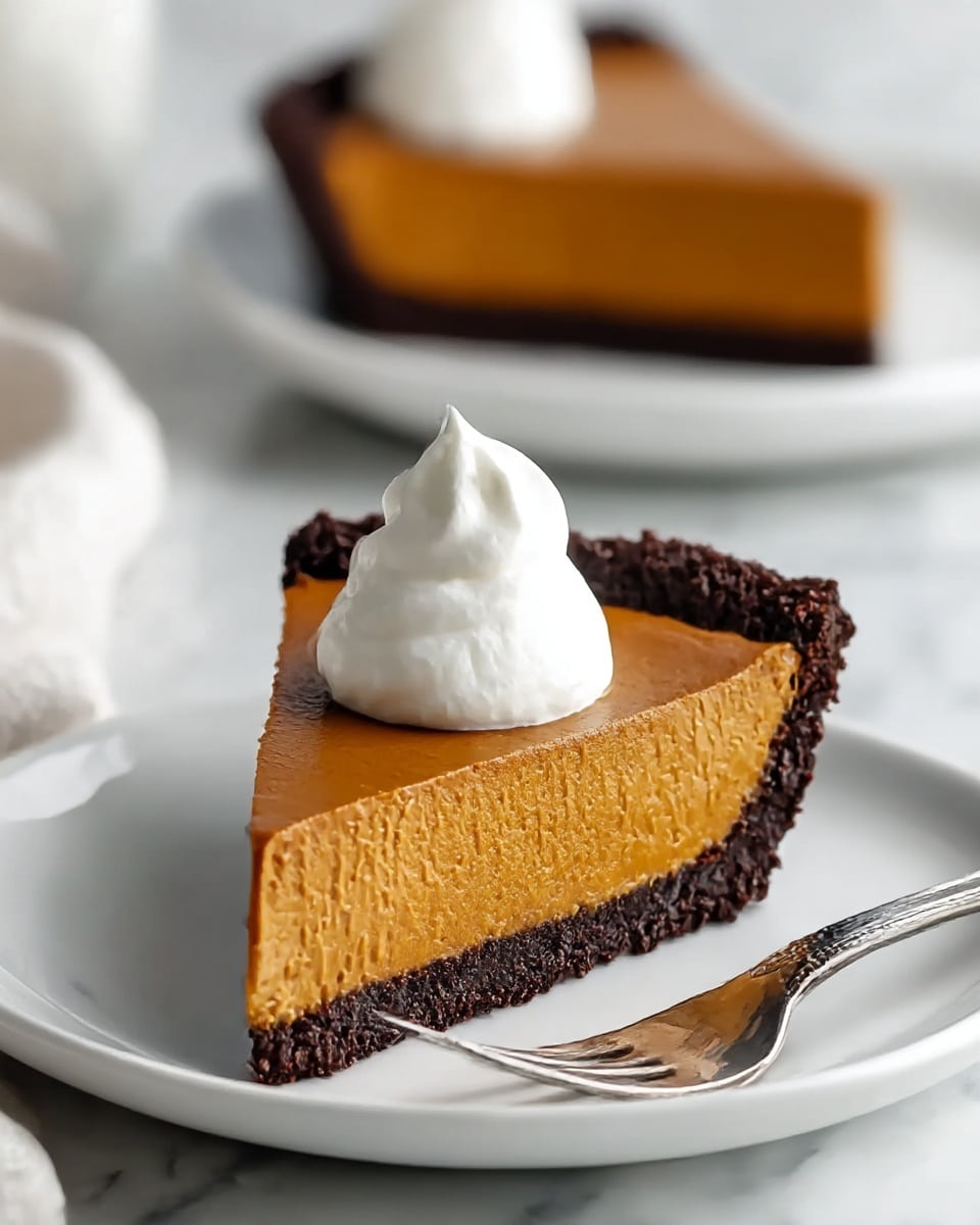 A slice of pie is shown with two main layers: a thick, smooth, orange-brown pumpkin filling on top and a dark chocolate crust at the bottom and around the edges. The crust looks slightly crumbly and thick. On top of the pumpkin layer, there is a neat swirl of white whipped cream standing tall in the center. The slice is placed on a white plate with a shiny silver fork beside it. The background includes another white plate with a pie slice and soft, out-of-focus white marbled texture, giving a clean and bright look. Photo taken with an iphone --ar 4:5 --v 7