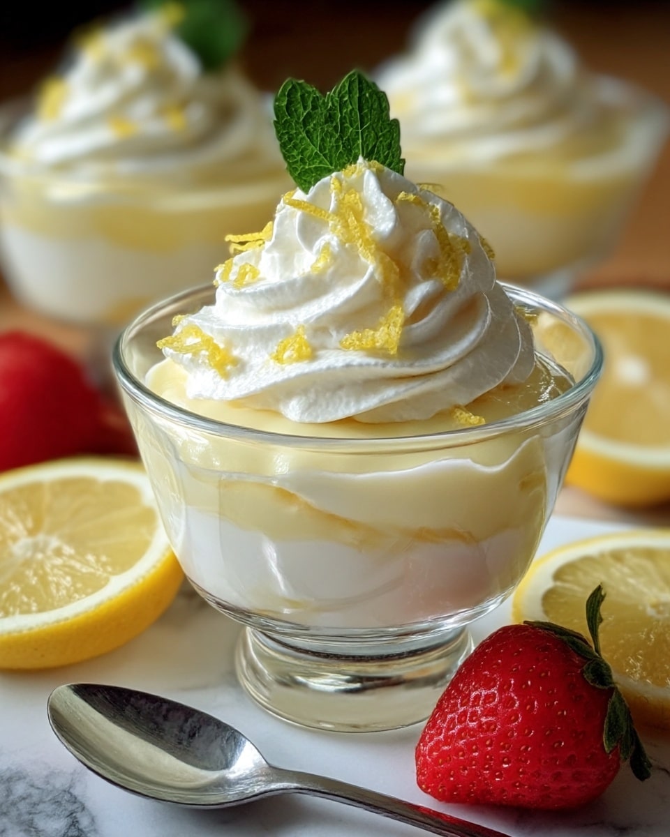 A clear glass dessert cup showing three layers: the bottom layer is white and creamy, the middle layer is pale yellow and smooth, and the top layer is a large swirl of white whipped cream decorated with small yellow lemon zest pieces and a bright green mint leaf. The dessert is placed on a white marbled surface with sliced lemon and a red strawberry nearby. A silver spoon lies next to the dessert cup. In the background, two more cups of the same dessert with whipped cream toppings are slightly out of focus. photo taken with an iphone --ar 4:5 --v 7