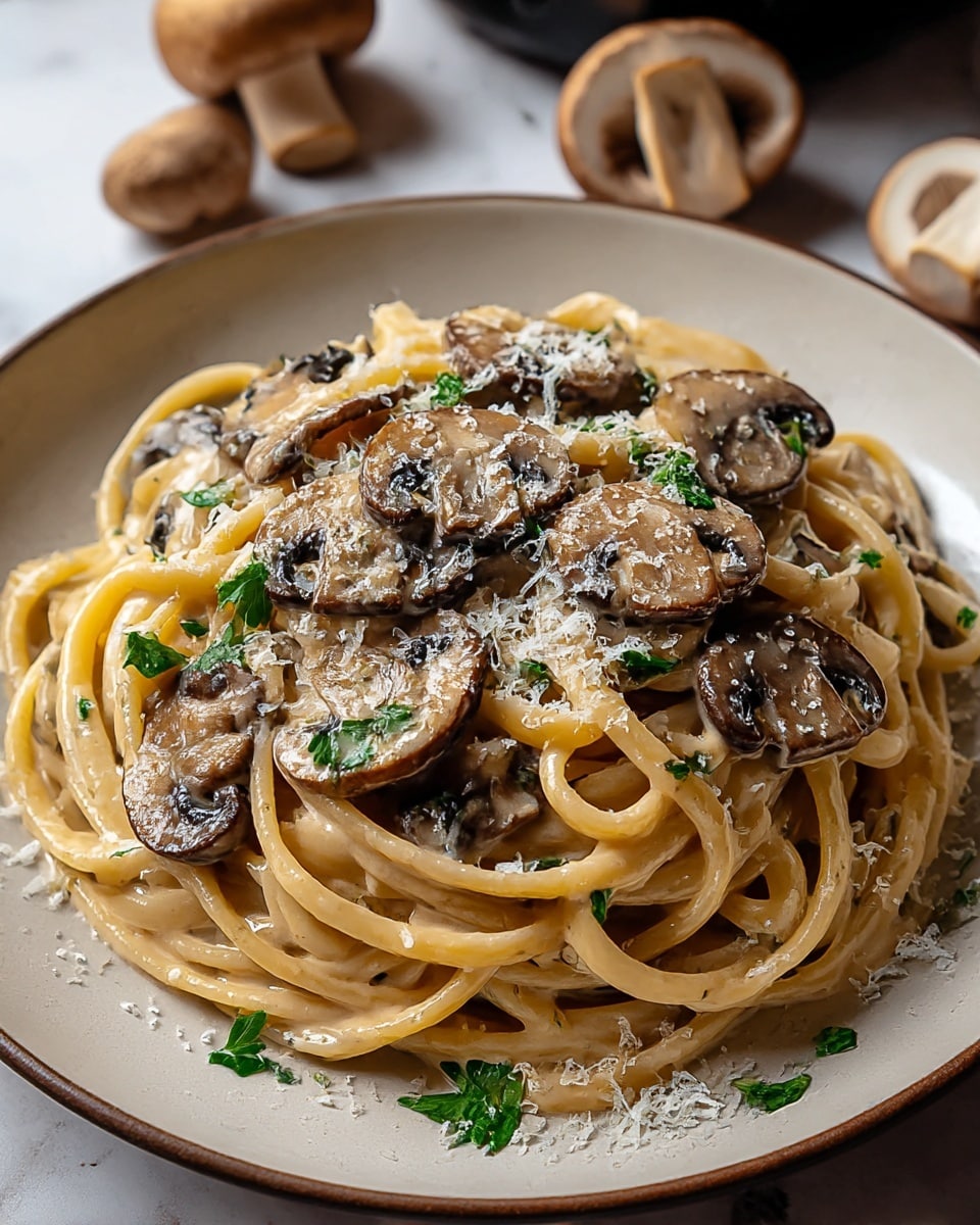 A bowl holds a creamy pasta dish with about two layers: the bottom layer is light beige pasta tubes coated in a smooth creamy sauce, and the top layer has sautéed dark brown mushrooms scattered across with small green herb leaves and grated white cheese sprinkled over everything. The bowl is white with a subtle gray inner texture, placed on a white marbled surface with some blurred elements like cheese in the background. Photo taken with an iphone --ar 4:5 --v 7