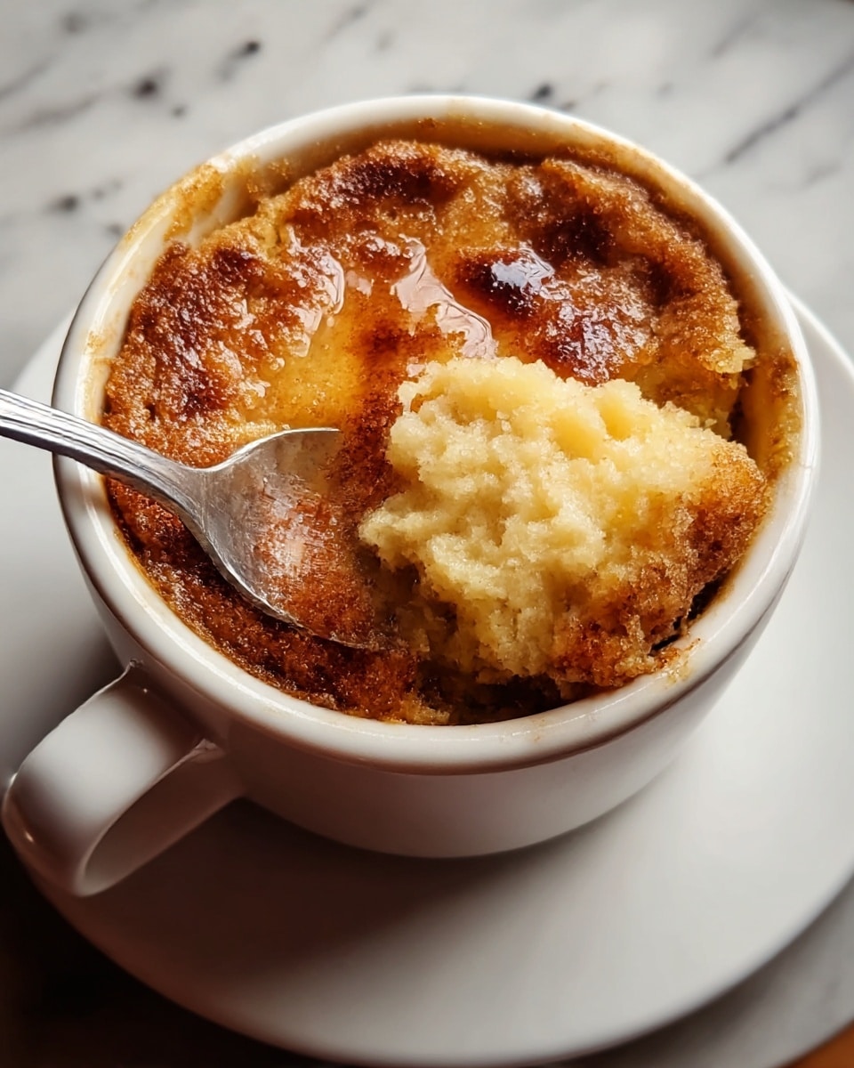 A warm brown cake with a crumbly texture fills a white ceramic cup. The top is slightly burnt with a golden-brown crust, spots of darker brown, and some shiny, melted butter or glaze in the center. A metal spoon is inserted into the cake, lifting a portion to show a soft, moist inside with a light yellow color under the crust. The cup sits on a white saucer, placed on a surface with a white marbled texture. photo taken with an iphone --ar 4:5 --v 7