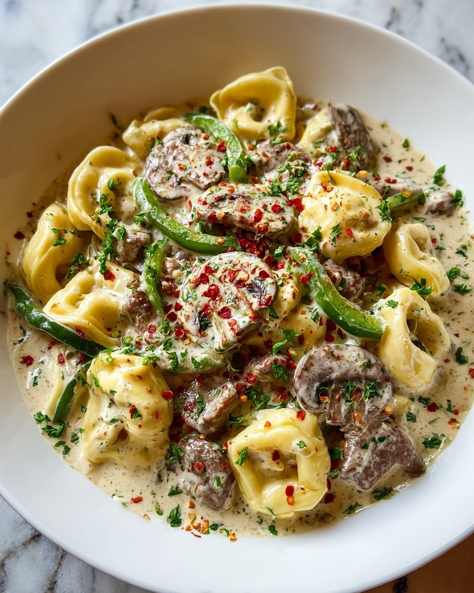 A close-up of a bowl with creamy pasta dish featuring about two layers: the bottom layer is thick, white cream sauce with herbs, covering the base of the bowl; on top are light yellow tortellini neatly spread around the bowl, mixed with brown cooked mushroom slices, green bell pepper strips, and brown pieces of meat. The dish is sprinkled with finely chopped fresh green parsley and red chili flakes, adding vibrant colors and texture contrast. The creamy sauce slightly covers the edges of the tortellini and other ingredients, making it look rich and inviting. The bowl is white, sitting on a white marbled surface. Photo taken with an iphone --ar 4:5 --v 7
