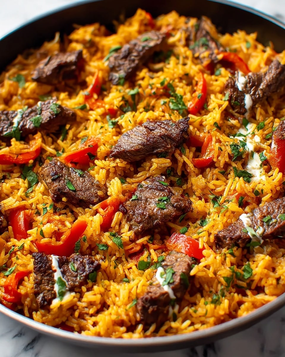 A close-up photo of a pan filled with cooked yellow-orange rice mixed with pieces of grilled dark brown steak. The rice is dotted with red bell pepper chunks and scattered with green chopped herbs. Some parts of the steak have small streaks of white sauce on them. The pan is on a white marbled surface, showing a warm and hearty meal. photo taken with an iphone --ar 4:5 --v 7