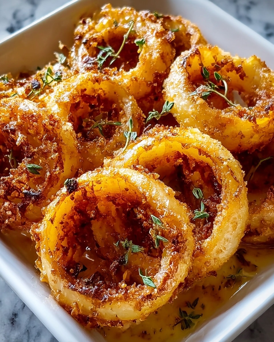 A close-up view of a white rectangular dish filled with fried onion rings. Each ring is golden brown with crispy, slightly rough edges, some with darker browned spots indicating a crunchy texture. The rings are arranged loosely next to each other, and small green herb leaves are scattered on top, adding a touch of fresh color to the warm tones. There is a light oily sheen across the rings and dish, and the dish sits on a white marbled textured surface. photo taken with an iphone --ar 4:5 --v 7