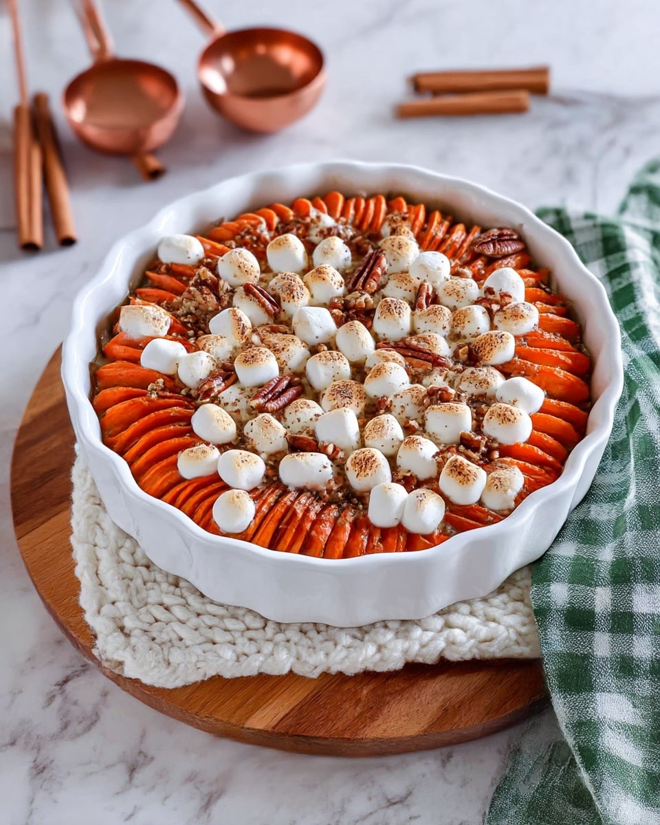 This image shows a white scalloped pie dish filled with a layered dish of thinly sliced orange sweet potatoes arranged vertically in rows, covering the entire dish. Generous toasted mini marshmallows with a light golden-brown top are scattered over the sweet potatoes, melting slightly and appearing soft and gooey. Chopped brown pecans are sprinkled unevenly on top, adding texture. The dish sits on a white knitted mat placed on a wooden chopping board, with a green and white checkered cloth partially under the plate. In the background, copper measuring spoons and cinnamon sticks add a warm, homely touch. The surface under everything is a white marbled texture. Photo taken with an iphone --ar 4:5 --v 7