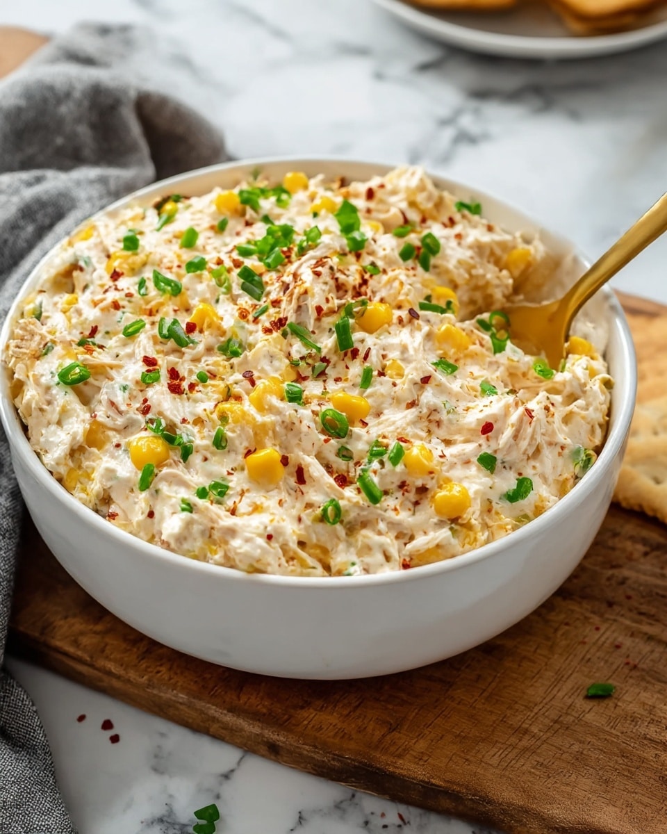 A white bowl filled with a creamy, textured dip, mixed with small pieces of yellow corn and shredded chicken, creating a soft, chunky surface. The dip is sprinkled with finely chopped green onions and small red spice flakes, adding color contrast. A gold spoon is partially dipped inside the bowl, resting on the right side. The bowl is placed on a wooden board set on a white marbled surface, with a gray cloth partially visible to the left. photo taken with an iphone --ar 4:5 --v 7