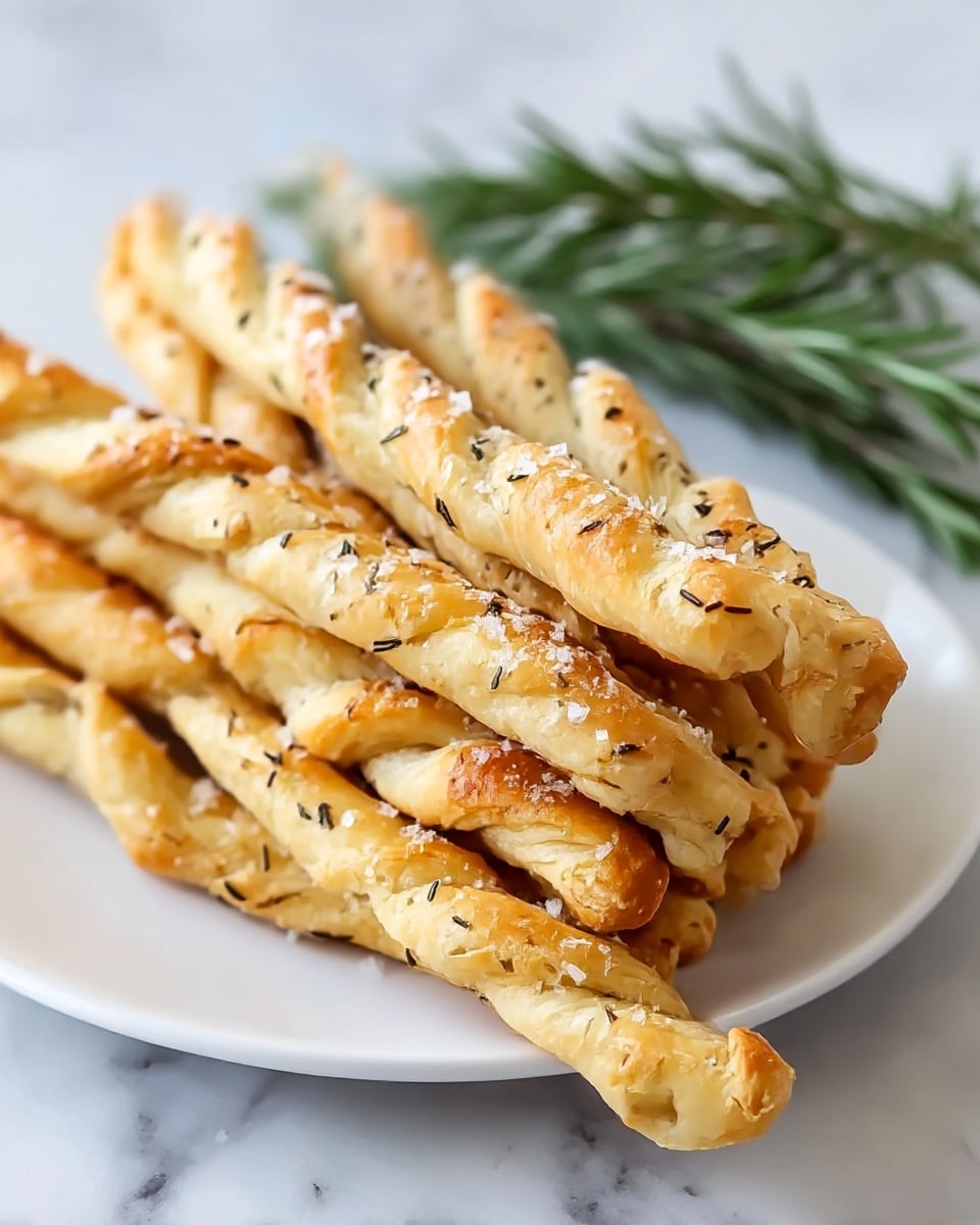 A white plate holds a stack of nine twisted breadsticks. Each breadstick is golden brown with darker toasted spots and sprinkled with coarse white salt and small black herb flakes scattered evenly across their surface. The breadsticks have a rough, crunchy texture with visible folds from twisting. In the background, a sprig of fresh green rosemary lies blurred on a white marbled texture. photo taken with an iphone --ar 4:5 --v 7