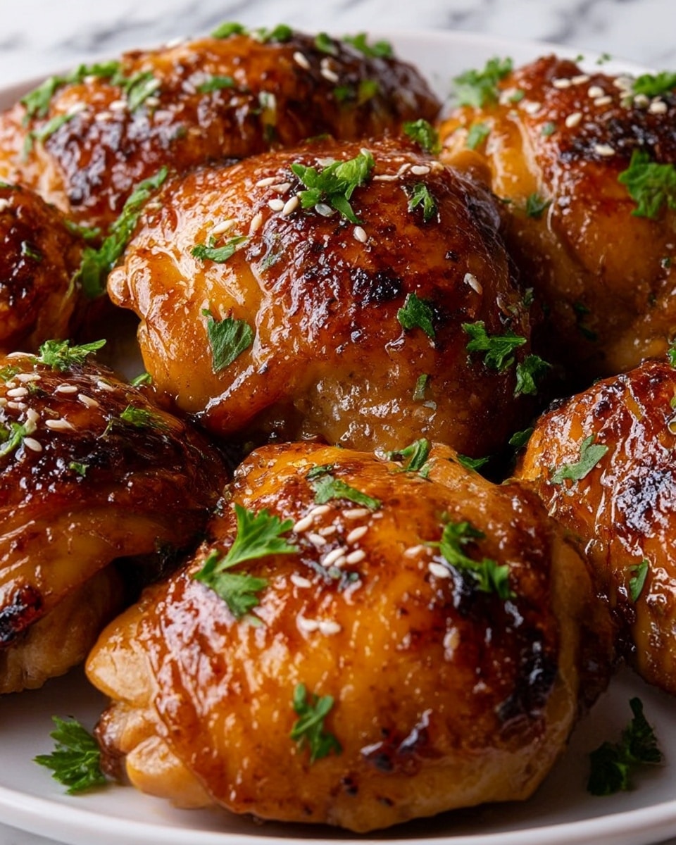 The image shows a close-up of several pieces of cooked chicken thighs on a white plate. Each piece is covered with a shiny, caramelized brown glaze, giving the chicken a slightly crispy texture with darker charred spots. The chicken is topped with small sesame seeds and bright green fresh parsley leaves scattered over the surface, adding a touch of color and freshness. The background has a white marbled texture, bringing focus to the richly colored chicken pieces. photo taken with an iphone --ar 4:5 --v 7