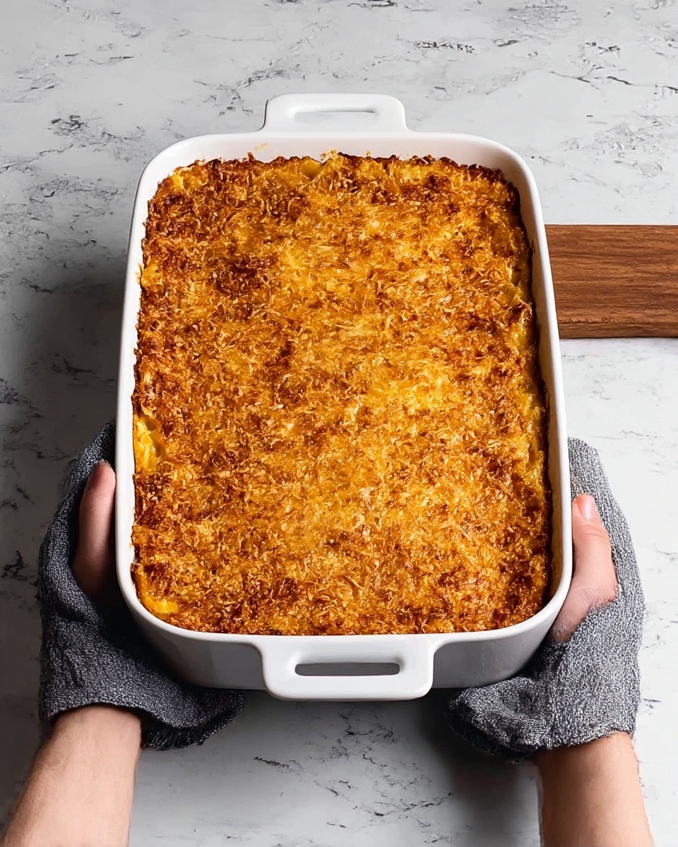 A white rectangular baking dish filled with a deep, golden brown baked casserole topped with a crispy, slightly charred layer of cheese and breadcrumbs, creating a textured and crunchy surface. The casserole has a thick, solid appearance with no visible layers from the top. It is being held by two hands with gray oven mitts on a white marbled textured surface. Photo taken with an iphone --ar 4:5 --v 7