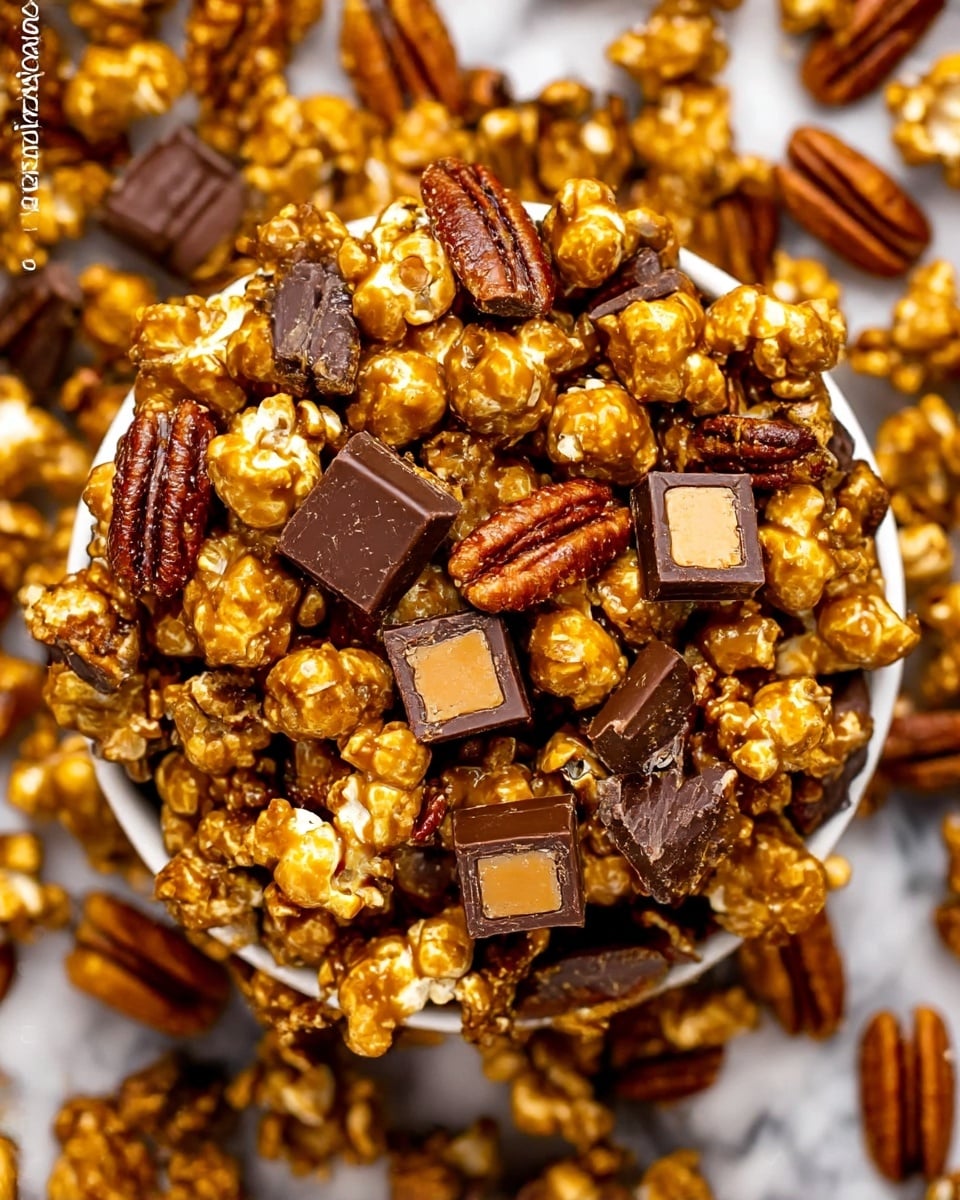 A close-up top view of a white bowl filled with a mix of caramel-colored popcorn, shiny pecans, and dark chocolate pieces with caramel filling. The popcorn is glossy and golden brown, the pecans are darker with a rough, textured surface, and the chocolate pieces are square with a smooth surface, some showing a light caramel center. The bowl is surrounded by more of the same mix scattered on a white marbled surface, creating a rich, crunchy, and sweet visual with warm brown and deep chocolate tones. photo taken with an iphone --ar 4:5 --v 7