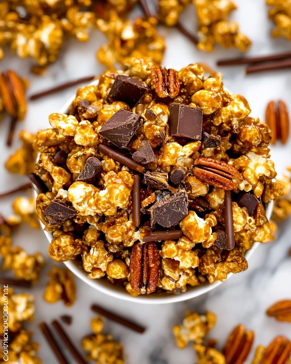 A white bowl filled with a mix of caramel popcorn, pecans, chocolate pieces, and thin chocolate sticks. The caramel popcorn is golden and shiny, the pecans are brown and crunchy, the chocolate pieces are dark with some melted caramel centers visible, and the thin chocolate sticks are scattered throughout the bowl. The bowl is placed on a white marbled surface, with more of the same snack mix around it in a blurred background. photo taken with an iphone --ar 4:5 --v 7