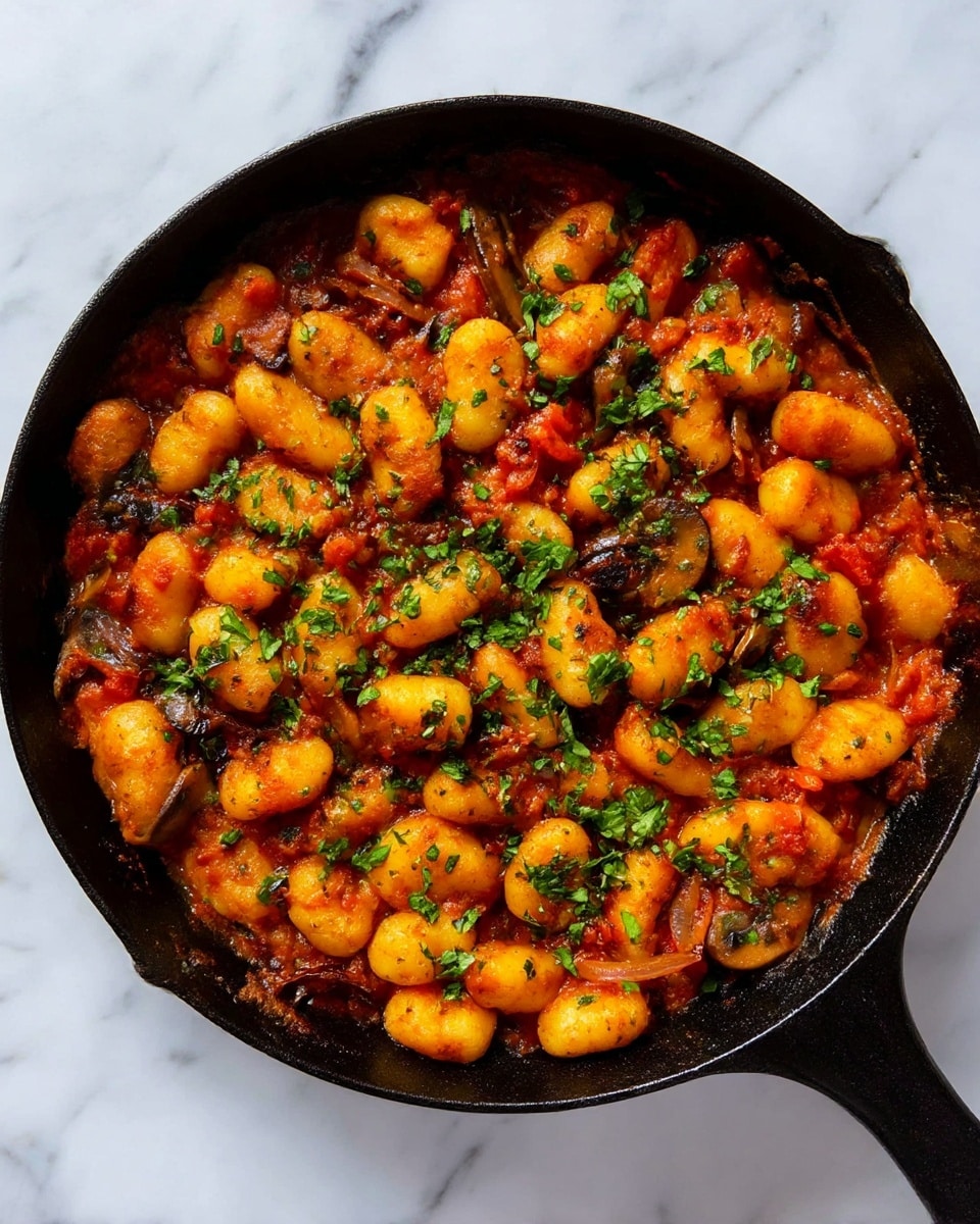 A black cast iron skillet filled with about 40 small, oval-shaped orange gnocchi pieces, each with a slightly crispy, browned surface and sprinkled with small bits of green herbs. The gnocchi are evenly spread out, covering the entire bottom of the skillet, which is set on a white marbled surface. The colors are warm and inviting, with the bright orange gnocchi contrasting against the dark skillet and light background. photo taken with an iphone --ar 4:5 --v 7