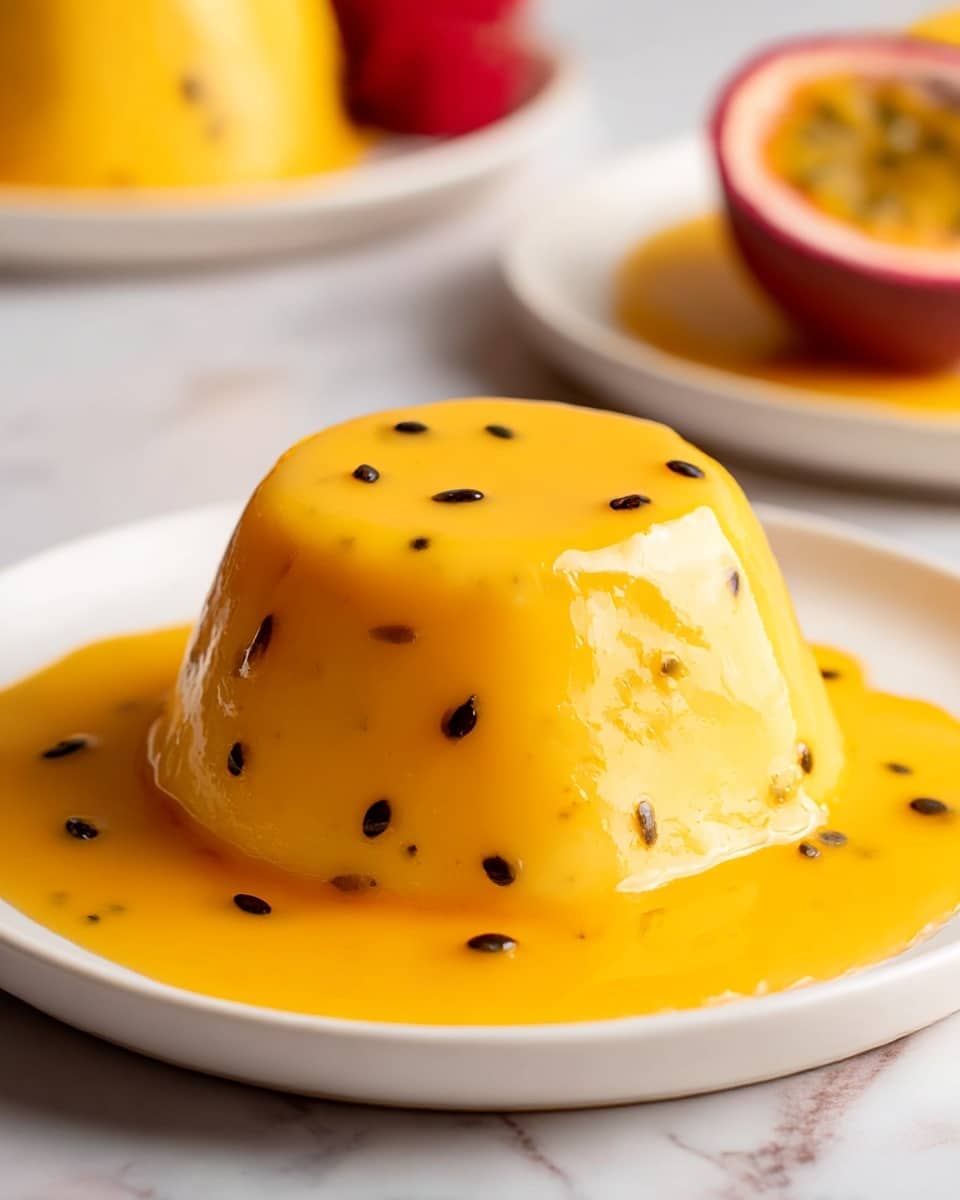 A small, smooth yellow pudding sits centered on a white plate, its shape resembling an upside-down cup. It is covered by a bright orange-yellow sauce that gently spills down its curved sides and pools around the base. Scattered across the sauce and pudding are small, shiny black seeds adding contrast. In the background, there is another similar pudding on a white plate and parts of red fruit visible near the edges, all placed on a white marbled surface. photo taken with an iphone --ar 4:5 --v 7