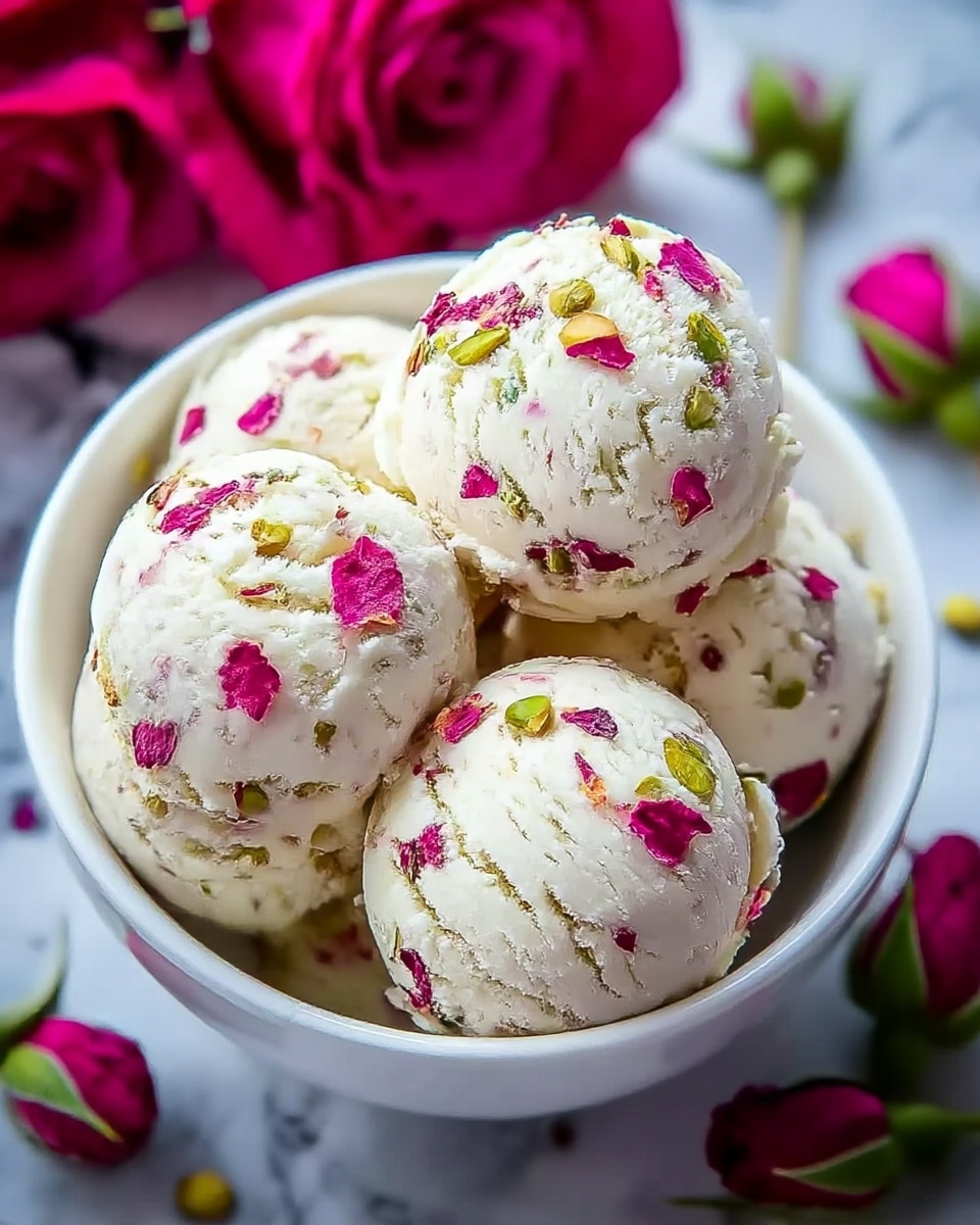 A white bowl filled with four round scoops of creamy white ice cream that have small pieces of bright pink rose petals and green pistachio bits scattered throughout. The ice cream has a smooth and slightly textured surface with visible cracks and swirls. Around the bowl, there are vibrant pink roses and rosebuds slightly blurred in the background, all set on a white marbled surface. Photo taken with an iphone --ar 4:5 --v 7