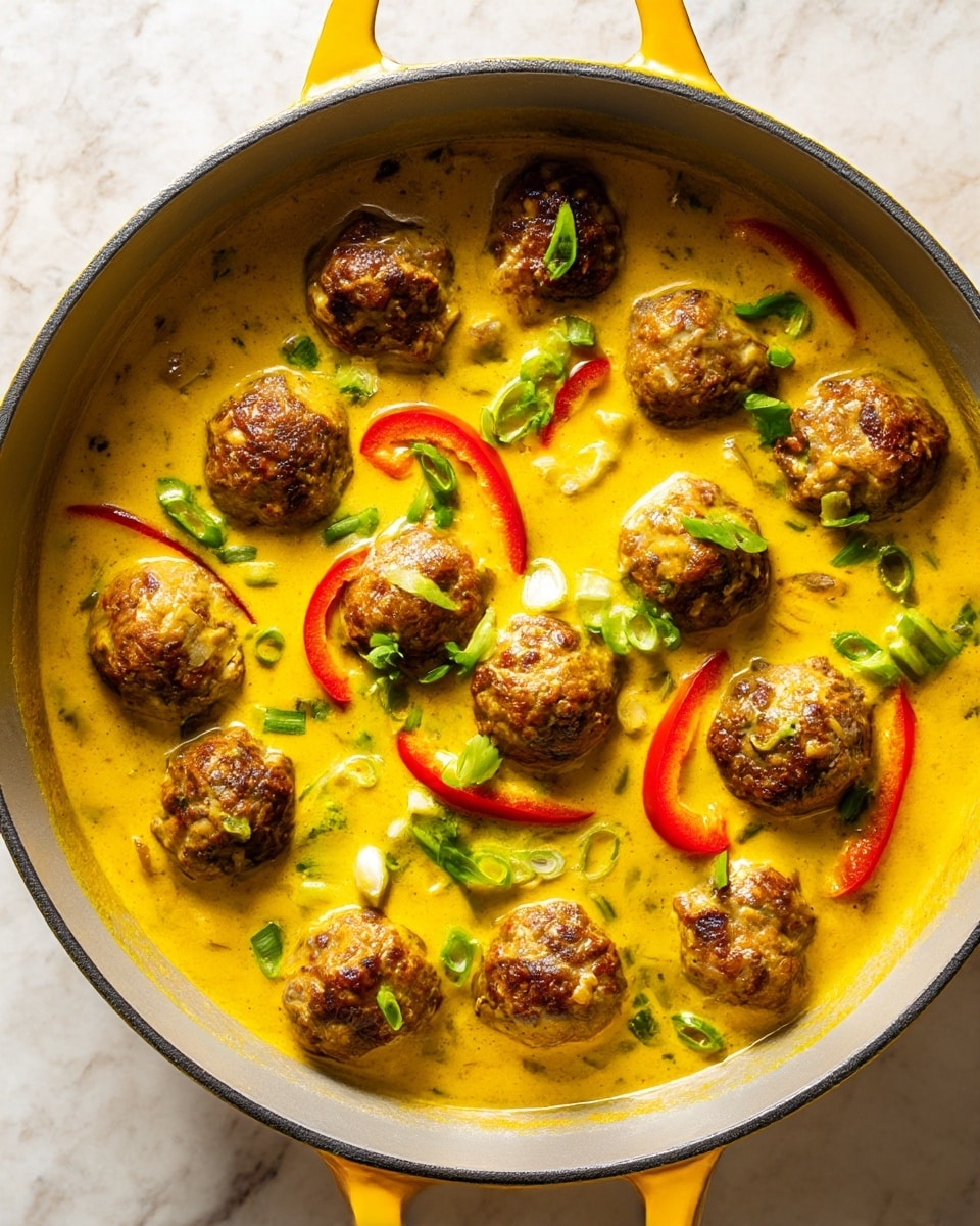 The image shows a close-up top view of a grey pot with yellow handles filled with round, browned meatballs in a thick, bright yellow curry sauce. There are thin slices of red bell pepper and chopped green onions scattered throughout the curry, adding pops of red and green color. The surface underneath the pot is a white marbled texture. The colors are warm and vibrant, with the meatballs' browned, textured tops contrasting against the smooth, creamy curry. photo taken with an iphone --ar 4:5 --v 7