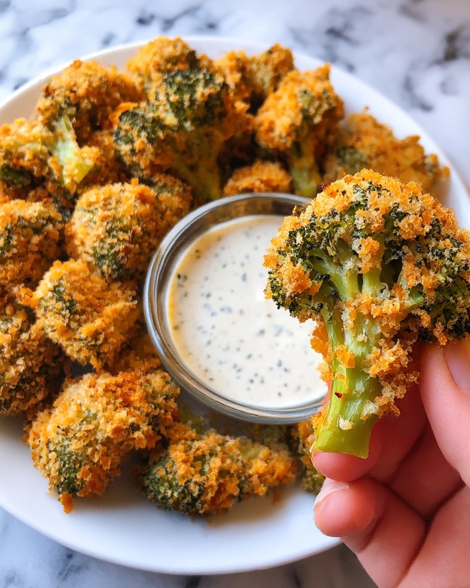 The image shows a white plate filled with crispy, golden-brown breaded broccoli florets arranged around a small clear glass bowl of creamy white dipping sauce with black specks. Each broccoli piece has a crunchy textured coating made from breadcrumbs and cheese, giving them a rough surface with a mix of orange and light brown colors, while the green broccoli inside is visible through the coating. On the right side, a close-up shows a woman's hand holding a single breaded broccoli floret by its bright green stem, highlighting the crumbly, crispy coating that covers the tops and sides of the broccoli tightly. The background is a white marbled texture. photo taken with an iphone --ar 4:5 --v 7