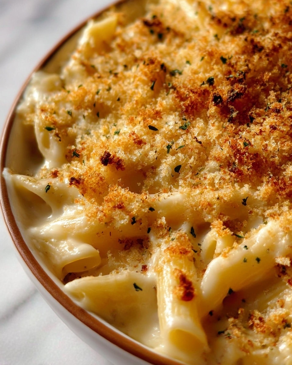 The image shows a close-up of baked pasta in a white bowl with a warm brown rim, sitting on a white marbled surface. The dish has three main layers: the bottom layer is penne pasta in a pale yellow color, cooked and slightly glossy. The middle layer is creamy cheese sauce in a smooth off-white color, covering the pasta well. The top layer is golden toasted breadcrumbs, sprinkled thickly and evenly, with small green herb bits scattered for color contrast. The baking has created a slightly crispy texture on top with spots of darker golden brown. The scene is lit naturally, highlighting the creamy and crunchy textures. Photo taken with an iphone --ar 4:5 --v 7