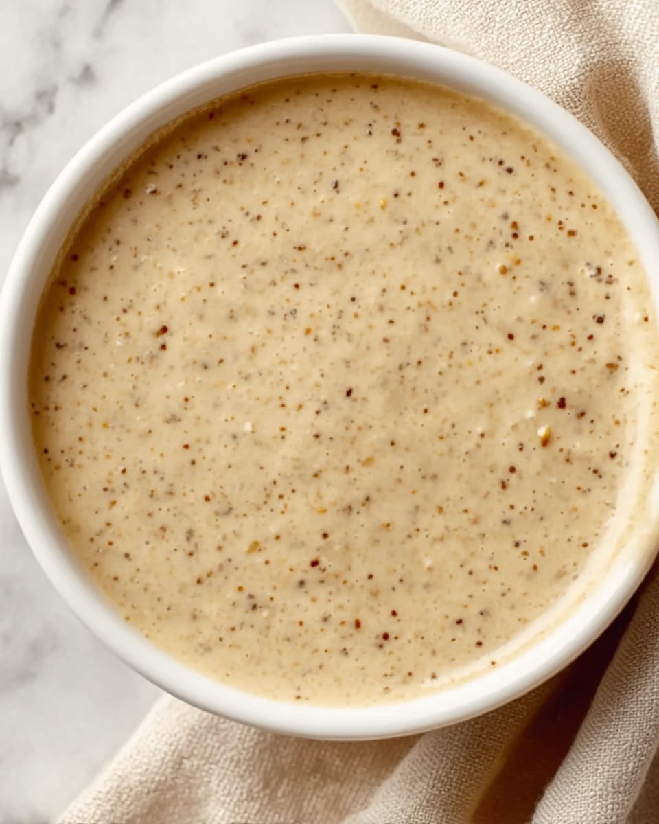 A close-up view of a thick creamy sauce in a white bowl, filled to the top with a light beige color and small black and brown specks evenly spread throughout, showing a smooth, slightly textured surface. The bowl rests on a soft beige cloth and sits on a white marbled background. Photo taken with an iphone --ar 4:5 --v 7
