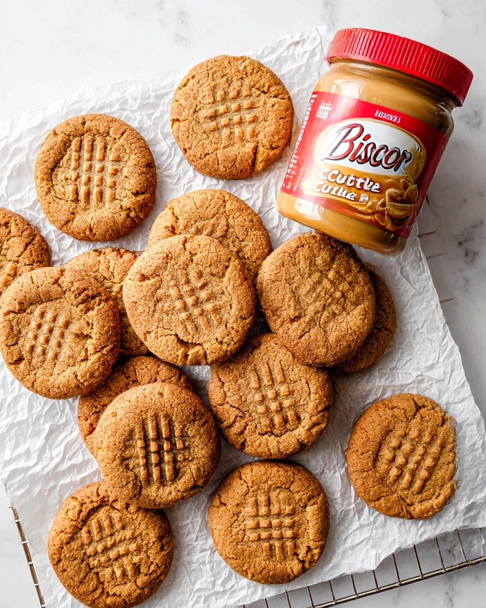 The image shows a pile of soft, round cookies with a cracked, textured surface in shades of light to medium brown, arranged on crumpled white parchment paper that sits on a cooling rack. The cookies have a slightly chewy look with some darker edges and a crisscross pattern pressed into the centers. To the right of the cookies is a jar of Biscoff cookie butter with a red lid and label featuring white and yellow text and an image of spread cookie butter. The whole scene rests on a white marbled surface. photo taken with an iphone --ar 4:5 --v 7