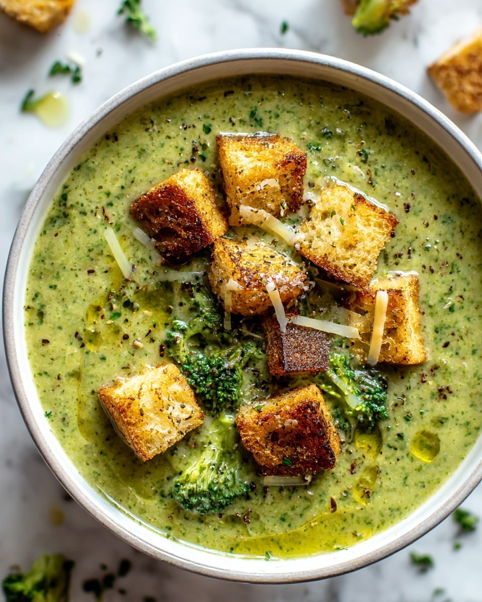 A bowl of thick green broccoli soup fills the bowl, showing a creamy texture with small broccoli florets mixed in. On top, golden brown toasted croutons are scattered, some with melted cheese visible, adding a crunchy texture. The soup is lightly sprinkled with ground black pepper and finely chopped green herbs, and a drizzle of olive oil adds a shiny finish. The bowl is white with a subtle design around the edge, placed on a white marbled surface with a few bits of herbs scattered around. photo taken with an iphone --ar 4:5 --v 7