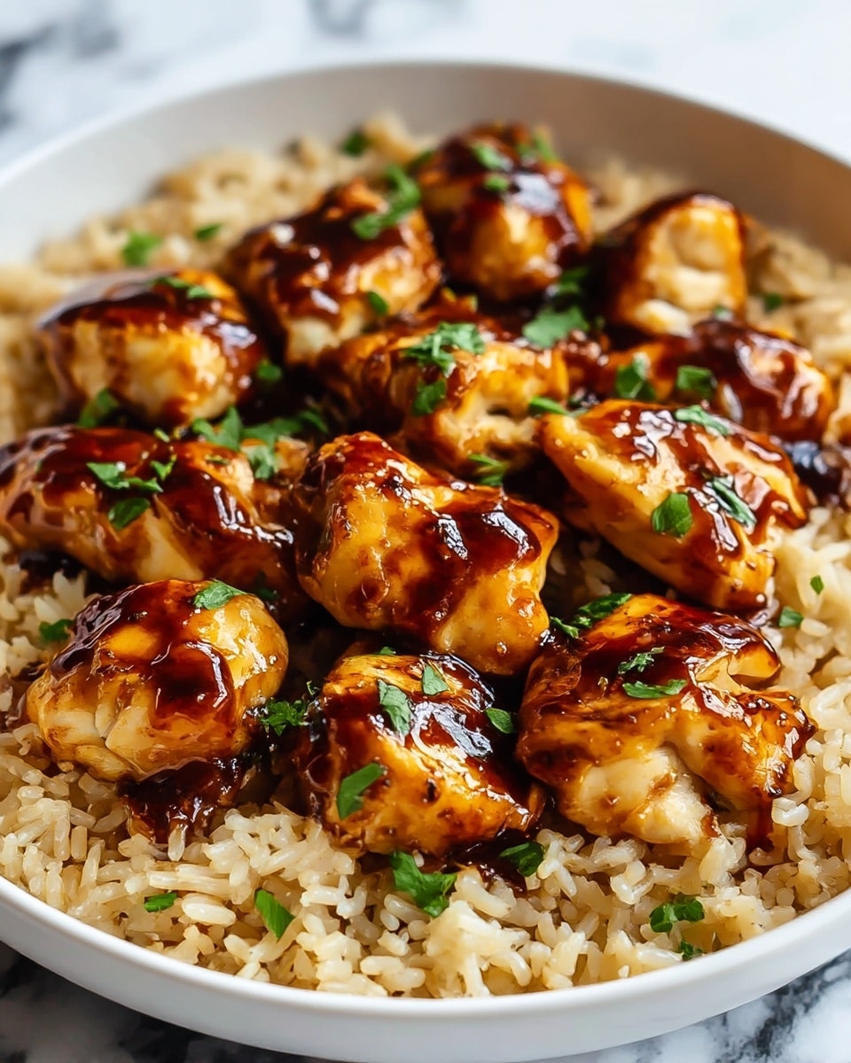 The image shows a close-up of a dish in a white bowl filled with a base layer of cooked rice, light brown in color with a fluffy texture. On top, there are several pieces of grilled chicken, golden brown with a shiny, sticky glaze that looks dark brown and rich. The chicken pieces are unevenly placed, some touching and others apart, with small bits of green fresh herbs sprinkled over them, adding a bright green contrast. The bowl sits on a white marbled surface. photo taken with an iphone --ar 4:5 --v 7