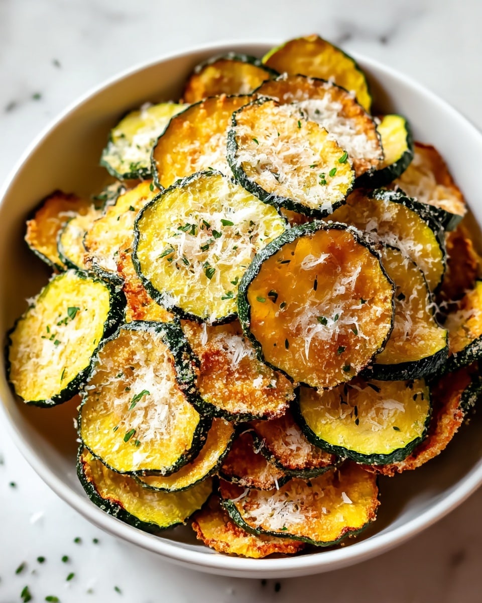 A bowl filled with a pile of thin, round zucchini chips stacked in layers, each chip showing a golden yellow center with dark green edges, crispy texture, and light browning on the sides. The chips are sprinkled generously with fine white grated cheese and small bits of green herbs, creating a fresh and textured look. The bowl is white and sits on a surface with a white marbled texture. Photo taken with an iphone --ar 4:5 --v 7