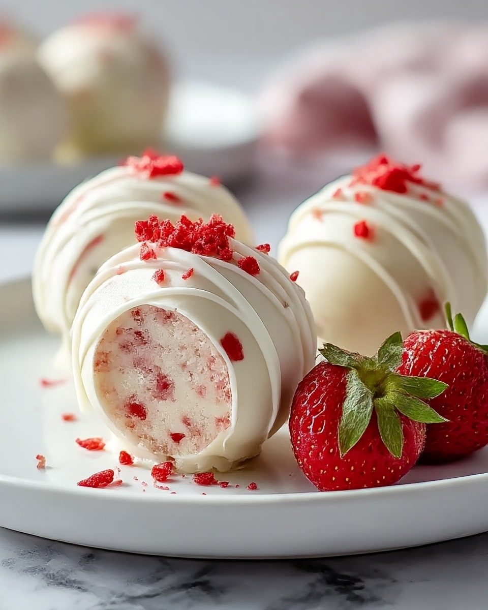 The image shows three round white balls with red strawberry bits inside, placed on a white plate. Each ball is decorated with white creamy drizzle on top, with small red crumbles sprinkled on the top center. Two whole fresh red strawberries with green leaves sit beside the balls on the plate. The plate is set on a white marbled surface, with a soft blurred background. The balls have a smooth, creamy texture with visible small strawberry pieces inside. photo taken with an iphone --ar 4:5 --v 7