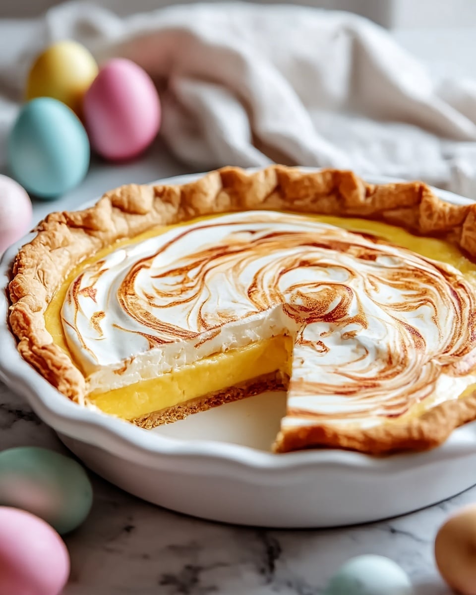 This image shows a pie in a white ceramic pie dish with a golden, flaky crust that has a crimped edge all around. The pie has two visible layers inside: the bottom layer is a smooth, bright yellow custard filling, and the top layer is thick and creamy white, decorated with swirling light brown and reddish patterns on the surface. A slice is missing from the pie, revealing the layers clearly. The scene is set on a white marbled surface with pastel-colored decorative eggs nearby, and a soft white cloth is seen in the blurred background. Photo taken with an iphone --ar 4:5 --v 7