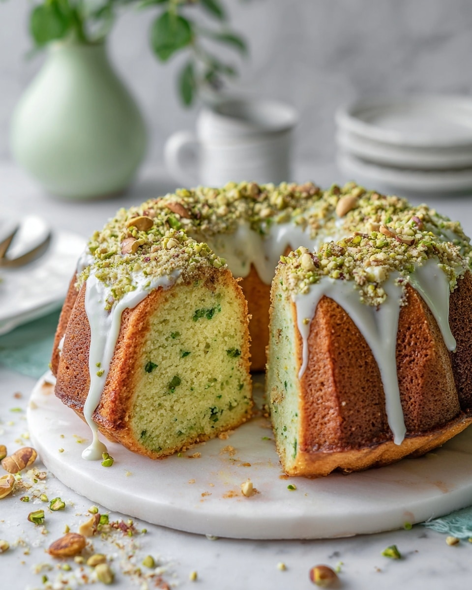A light green bundt cake with a soft and moist texture sits on a round white marble board, with a thick white glaze icing dripping down the sides evenly. The glaze is topped with small pieces of chopped nuts and green pistachio crumbs, adding texture and color contrast. One slice is cut out and placed on the marble board, showing the cake’s inside with tiny green bits spread throughout. The background is a soft white marbled texture, with blurred elements including another slice of the same cake on a white plate and light green objects in soft focus. Small crumbs and pistachio pieces are scattered lightly around the cake’s base, creating a natural touch. photo taken with an iphone --ar 4:5 --v 7