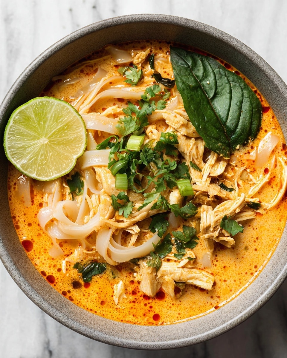 A close-up view of a creamy orange soup filled with thin white noodles, shredded chicken pieces, and chopped green herbs scattered on top. The soup looks rich and smooth with small red specks of spice floating in it. A black ladle holds a mix of noodles and chicken above the soup’s surface, showing the texture of the ingredients clearly. The background is a white marbled surface. photo taken with an iphone --ar 4:5 --v 7