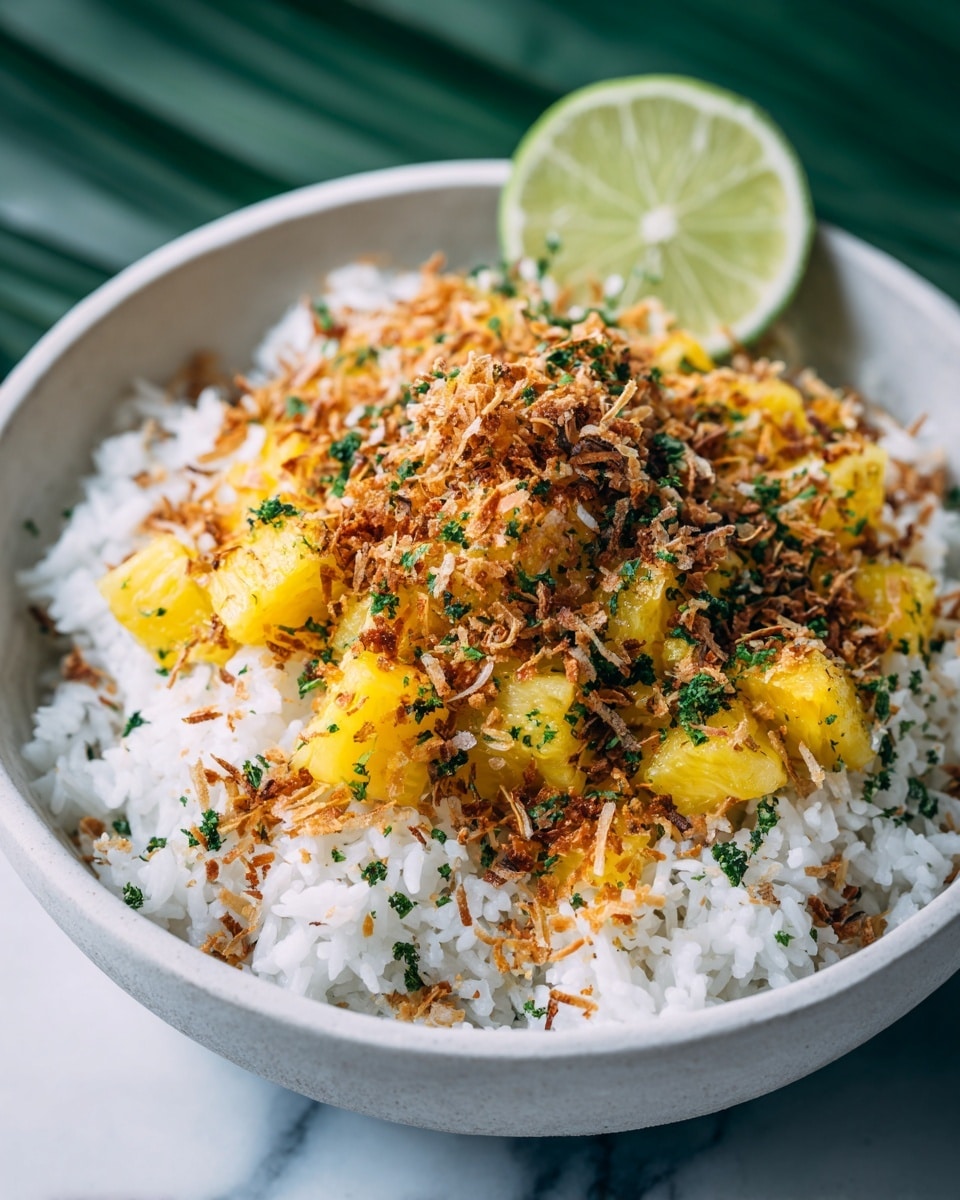 A close-up view of a white bowl filled with cooked white rice mixed evenly with yellow pineapple chunks and small green herb leaves, all topped with toasted brown coconut flakes scattered across the surface. A slice of lime sits on the edge of the bowl, adding a fresh green color contrast. The bowl sits on a matching white speckled plate, all placed on a white marbled surface. The lighting highlights the texture of the rice and the juiciness of the pineapple pieces. photo taken with an iphone --ar 4:5 --v 7