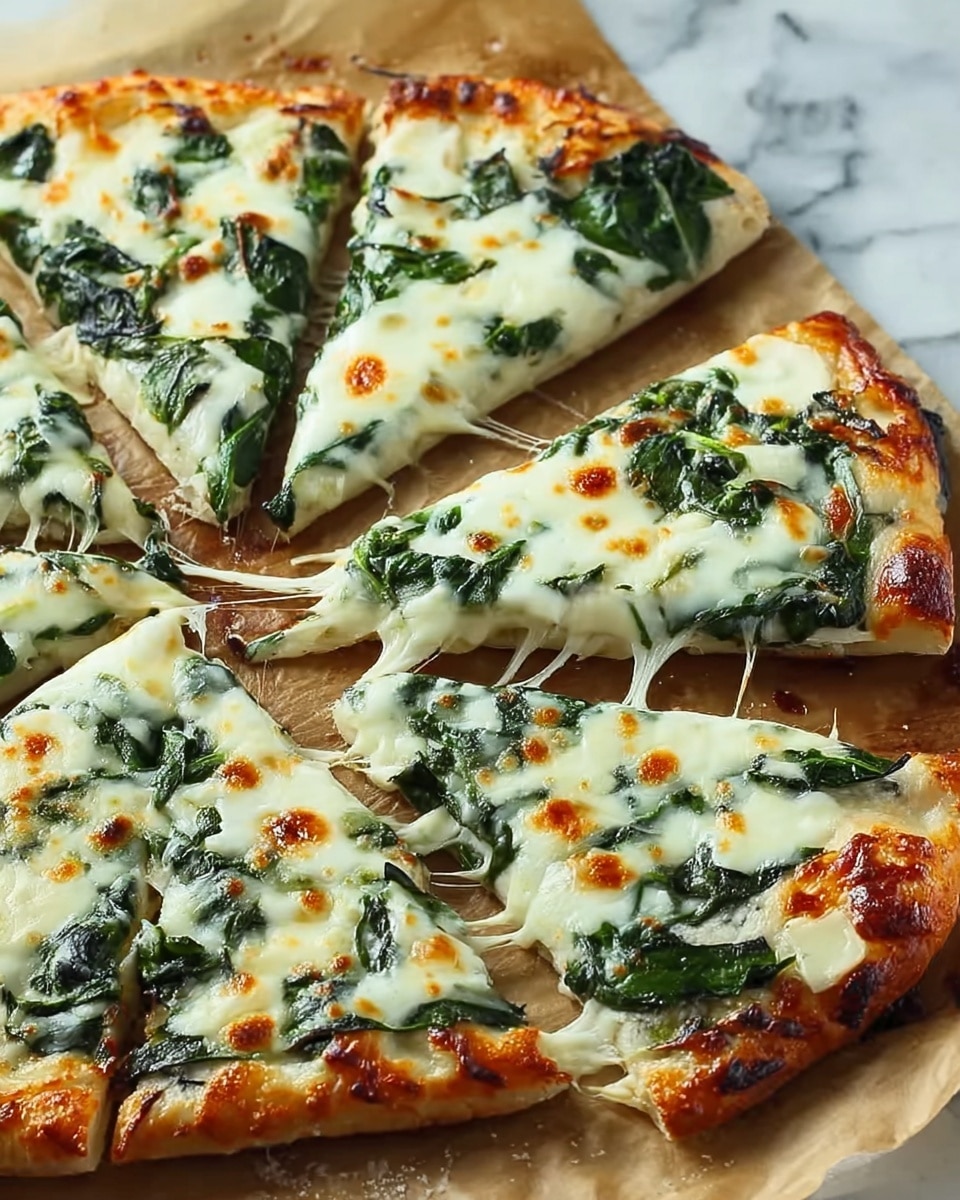 A close-up view of four pizza slices placed on brown parchment paper over a white marbled surface. The pizza has a thin, golden crust with some darker spots of crispiness. Each slice features a layer of melted white cheese with stretched, gooey texture and small browned spots from baking. Underneath the cheese, there are dark green spinach leaves scattered evenly, adding a fresh touch. The overall look is warm and cheesy with a mix of white and green colors, and a slightly rustic feel from the parchment paper. photo taken with an iphone --ar 4:5 --v 7