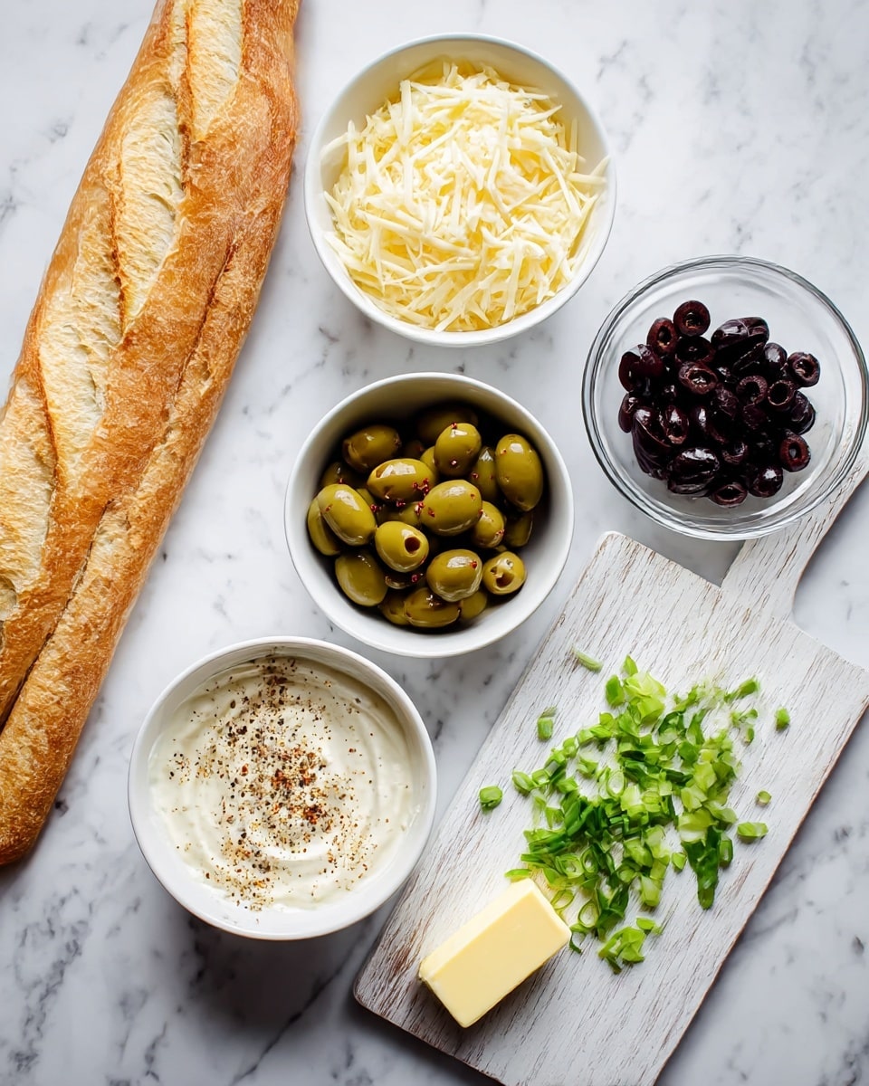 The image shows ingredients laid out for a dish on a white marbled surface: on the left, a long, crusty baguette with a golden-brown texture; near it, a white bowl filled with shredded pale yellow cheese; below, a white bowl with green olives stuffed with red pimentos; next to it, a white bowl with creamy white sauce topped with black pepper and brown spices; to the right, a white wooden cutting board with scattered bright green chopped scallions; a small glass bowl with a stick of pale yellow butter rests on the board; to the far right, a white bowl filled with sliced black olives. photo taken with an iphone --ar 4:5 --v 7